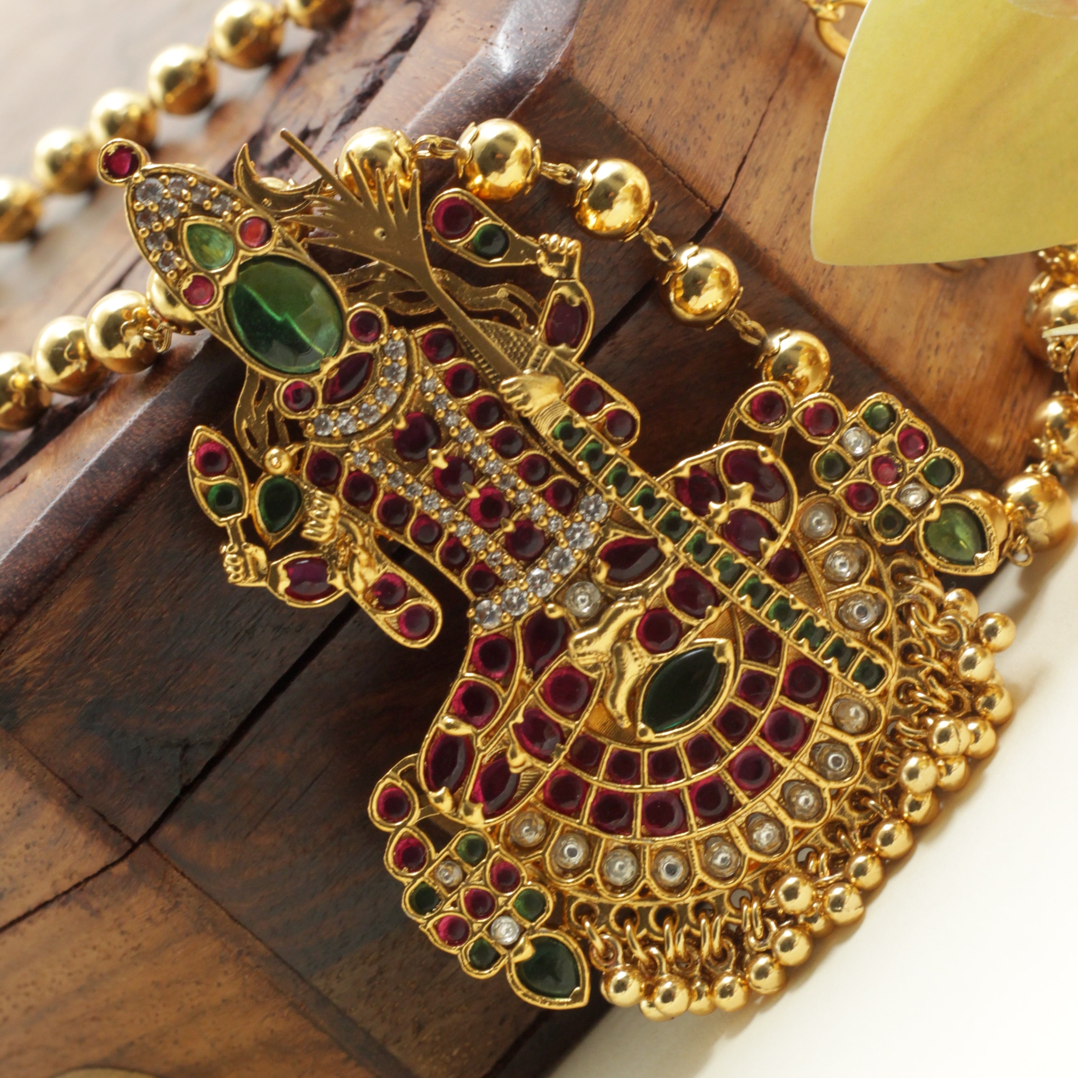 Detachable Premium Kemp Kundan Goddess Kamakshi Pendant Divine Traditional Balls Chain Necklace