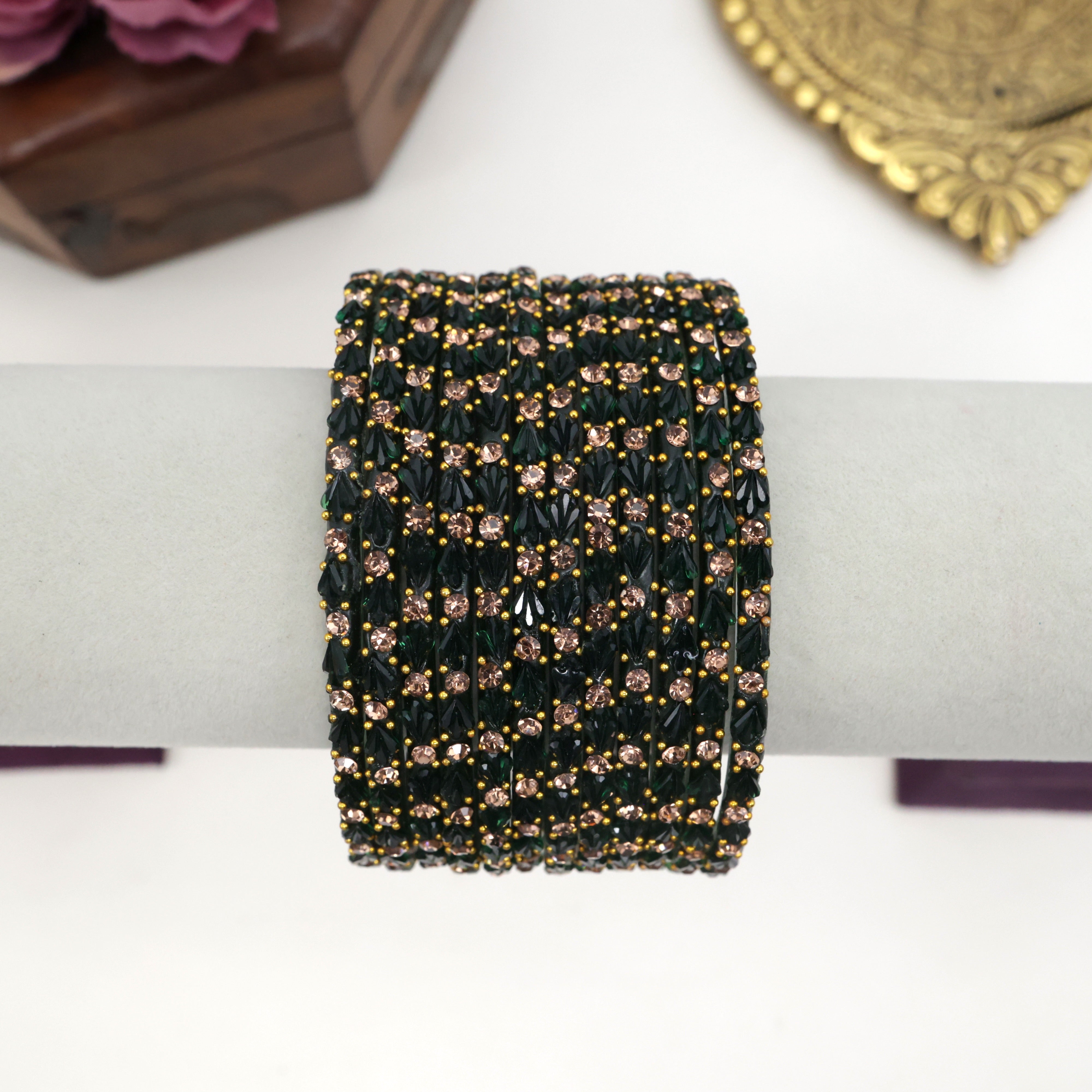 Premium Single Stone Work Tulip Cut Glass Bangles - Blackish Green