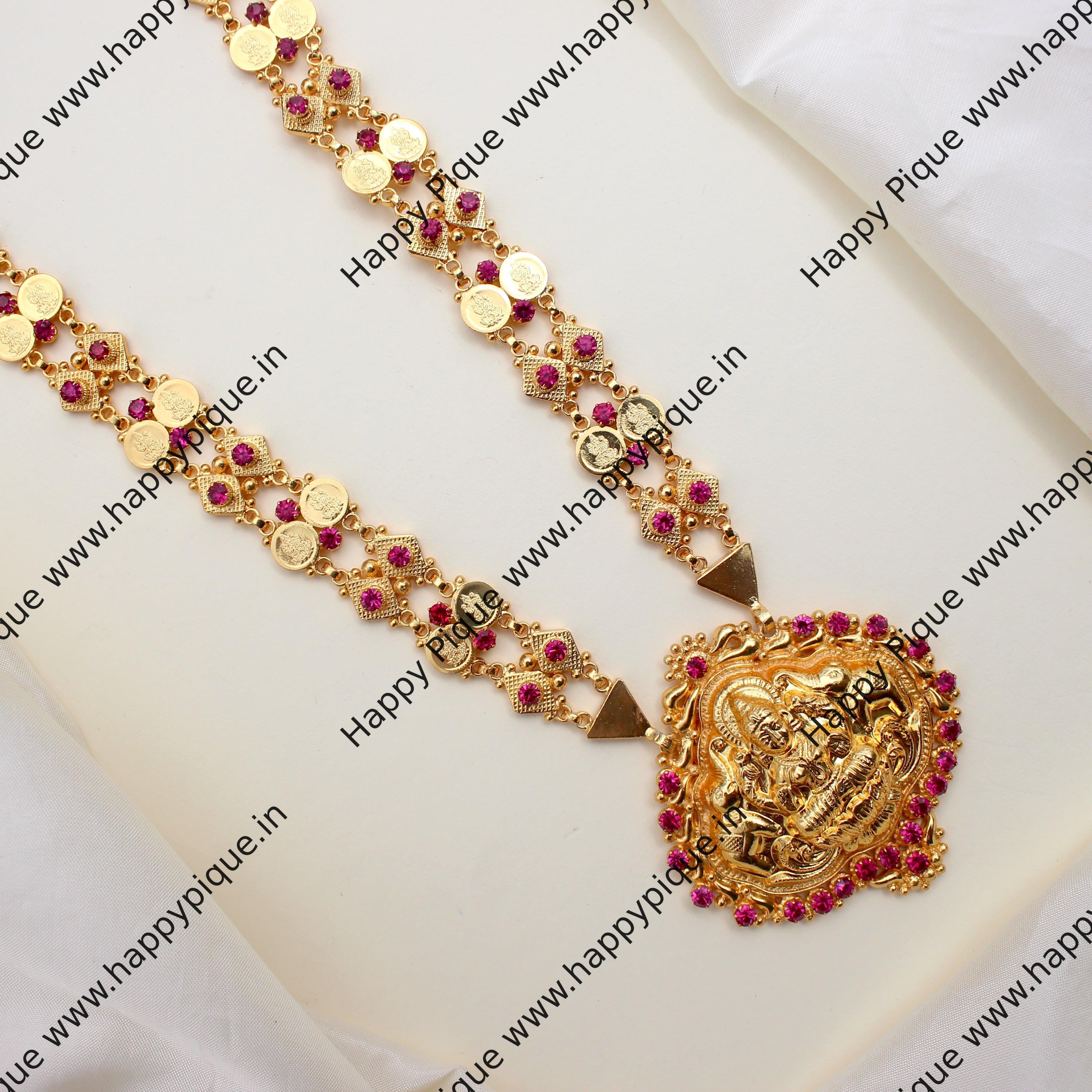 Real Gold Tone Kerala Kaasu Lakshmi Pendant AD Haaram