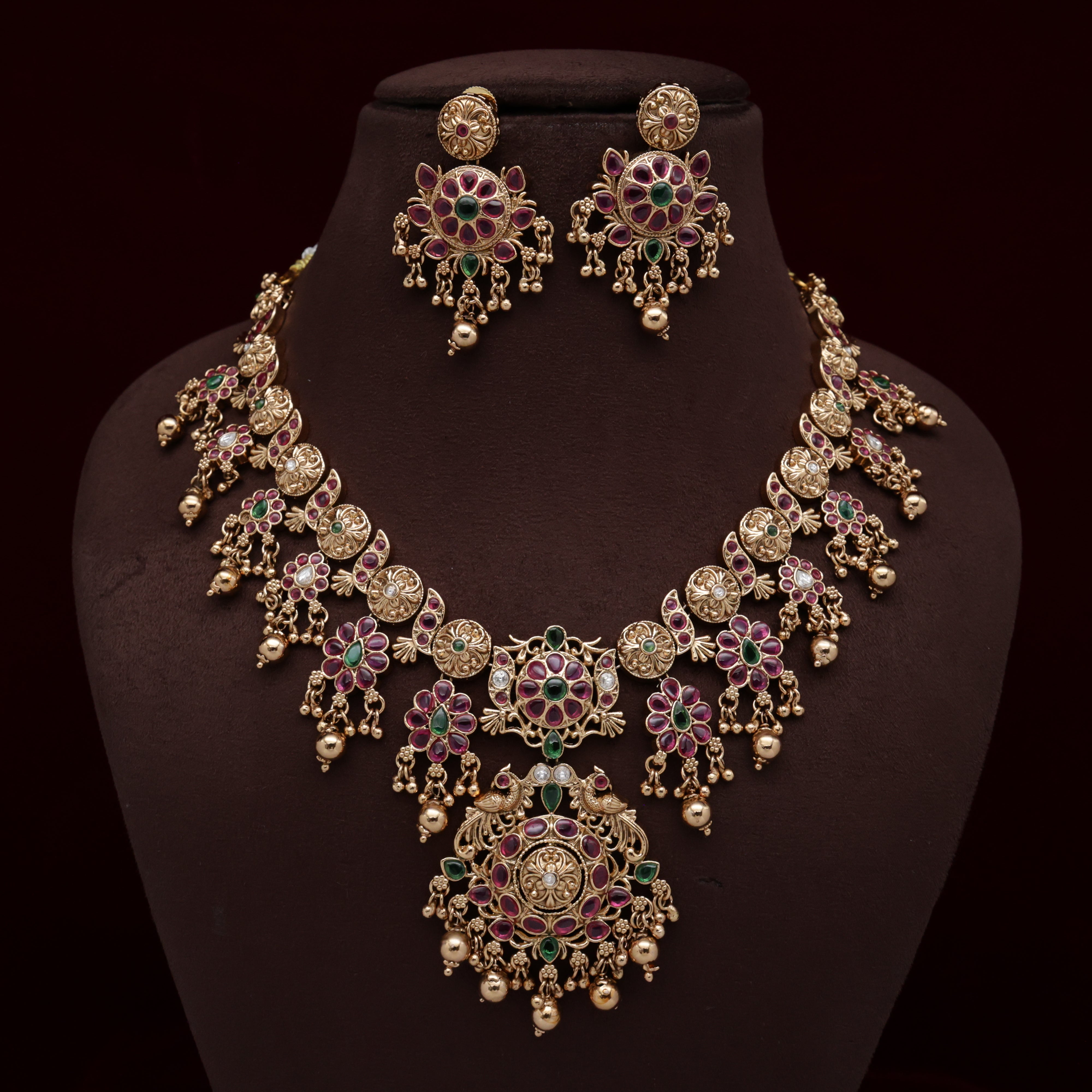 ANTIQUE NAGAS TRADITIONAL FLORAL DESIGN BRIDAL KEMP NECKLACE SET