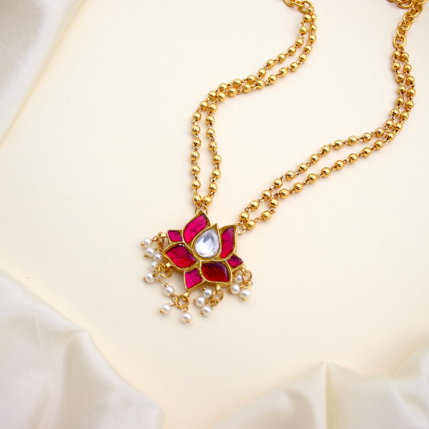 Gold Moti Two Line Lotus Jadau Kundan Kids Friendly Short Necklace