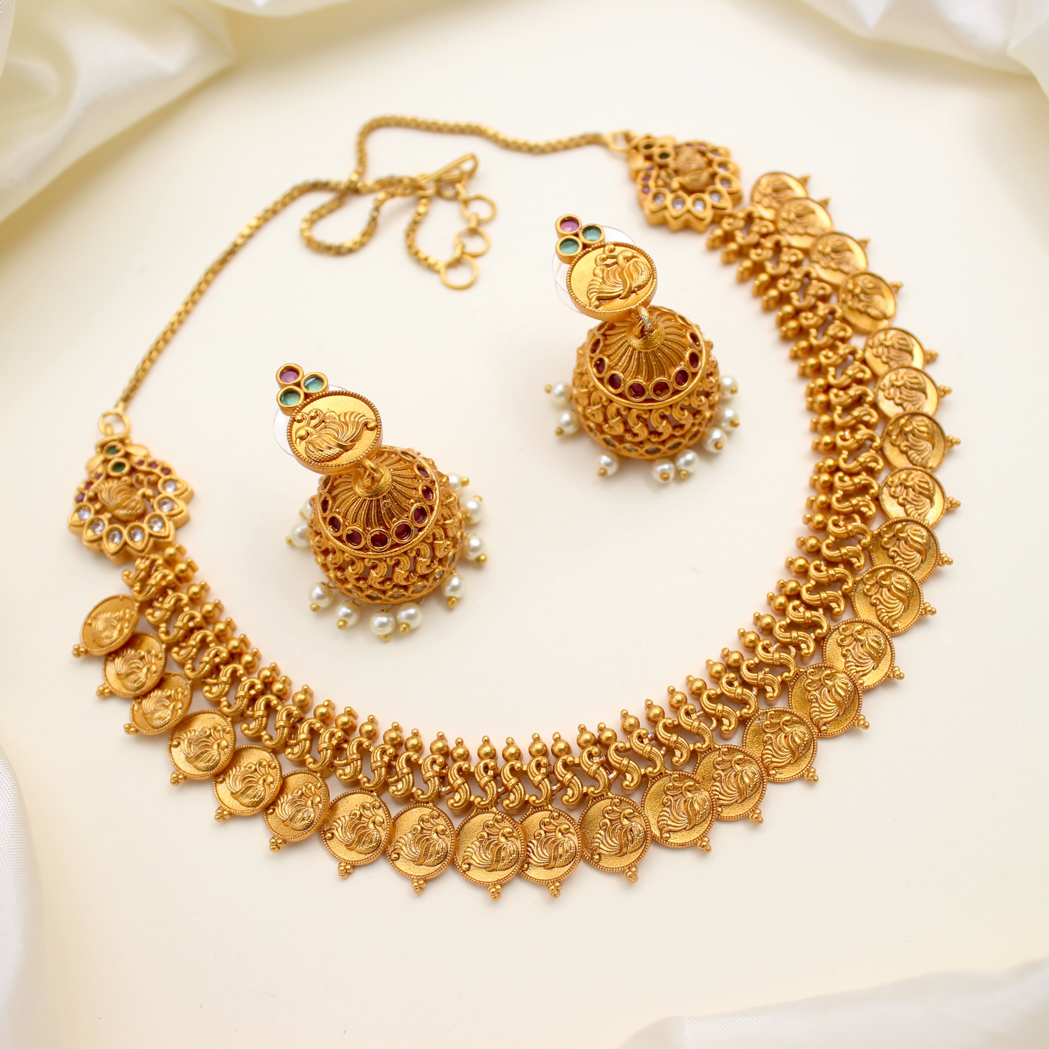 Matte Finish Annapakshi Coin Necklace Set