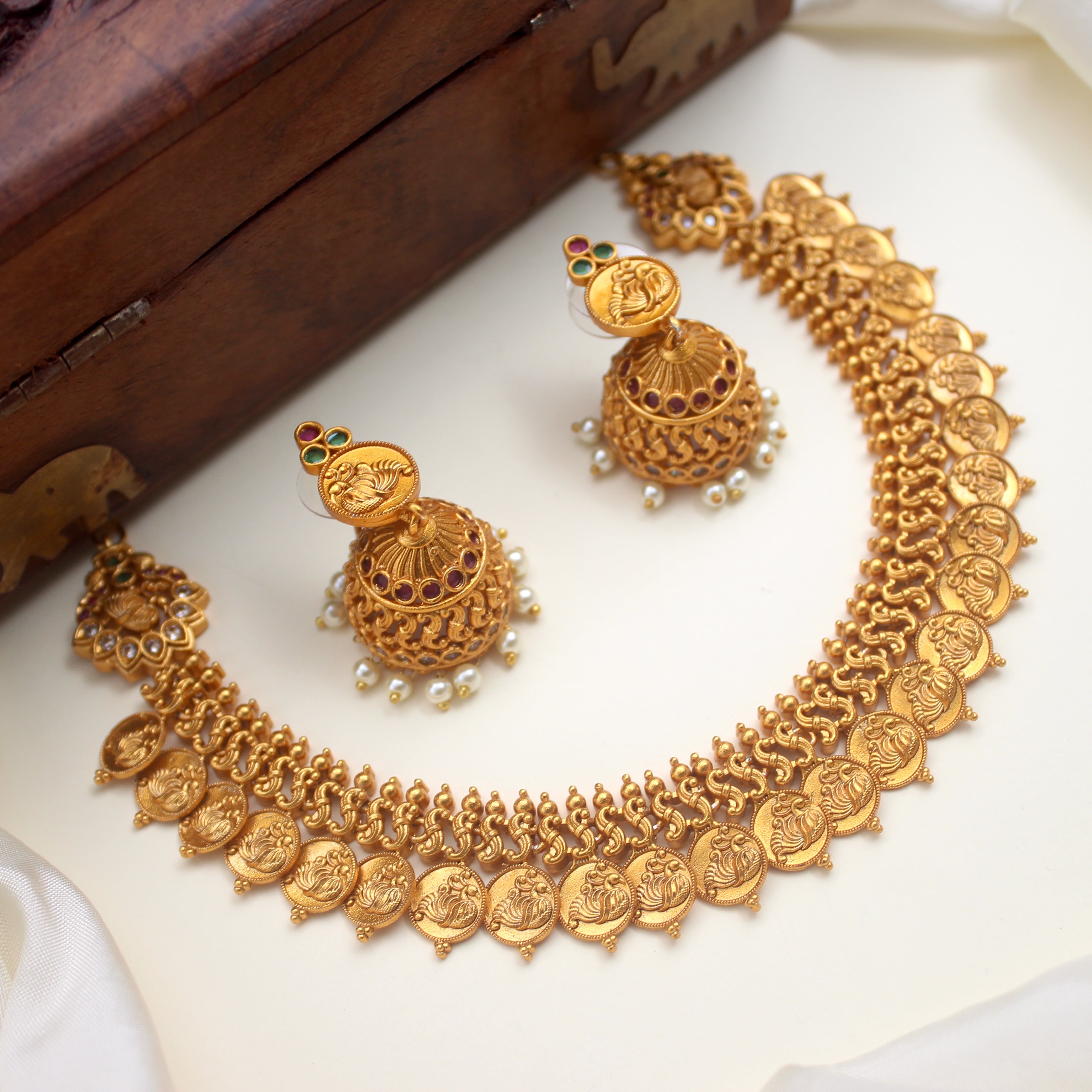 Matte Finish Annapakshi Coin Necklace Set