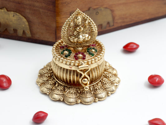 Antique Gold Kemp Leaf Lakshmi Big Round Haldi/Kumkum Box - Sindoor Dabbi
