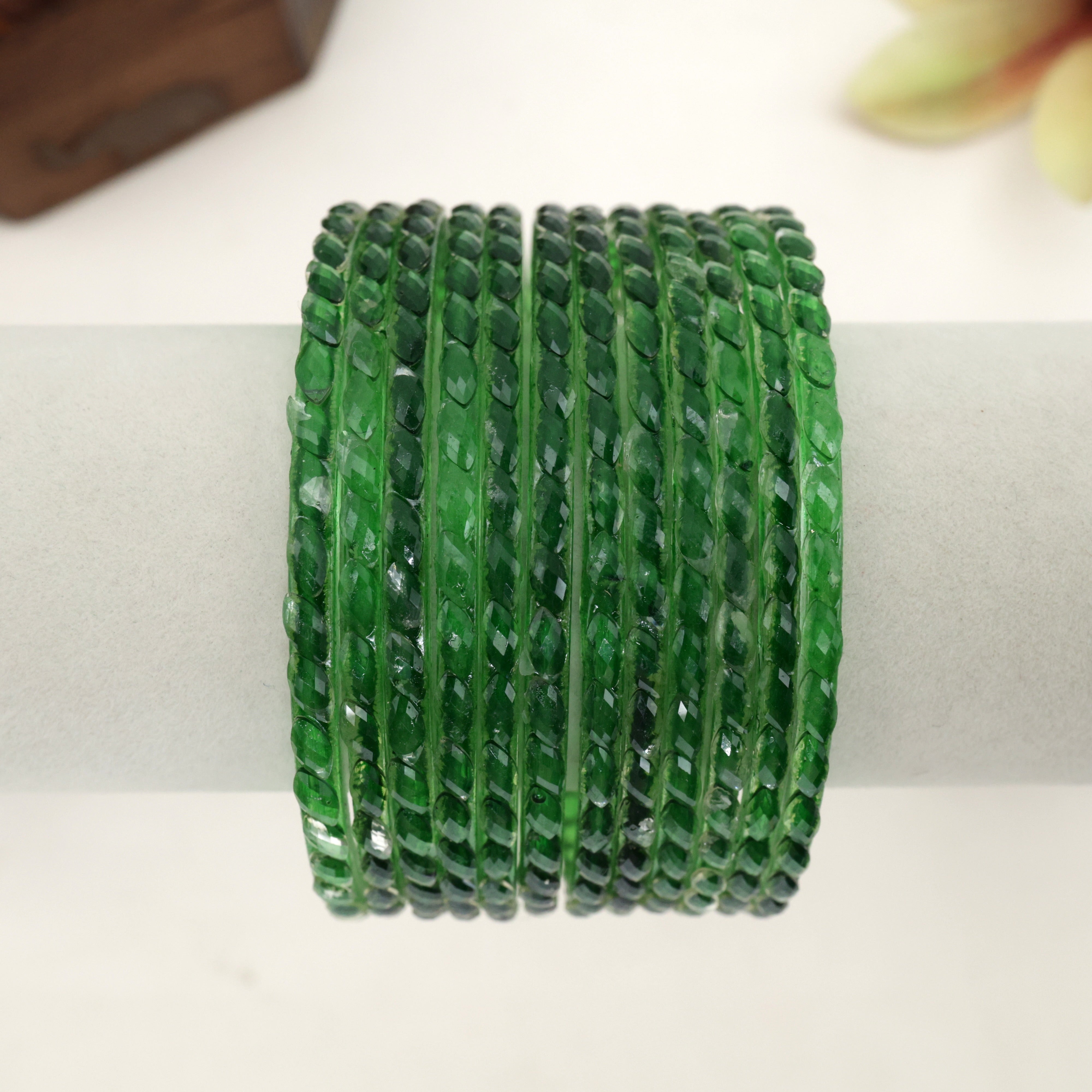 Plain Crystal Cut Glass Bangles - Dark Leaf Green