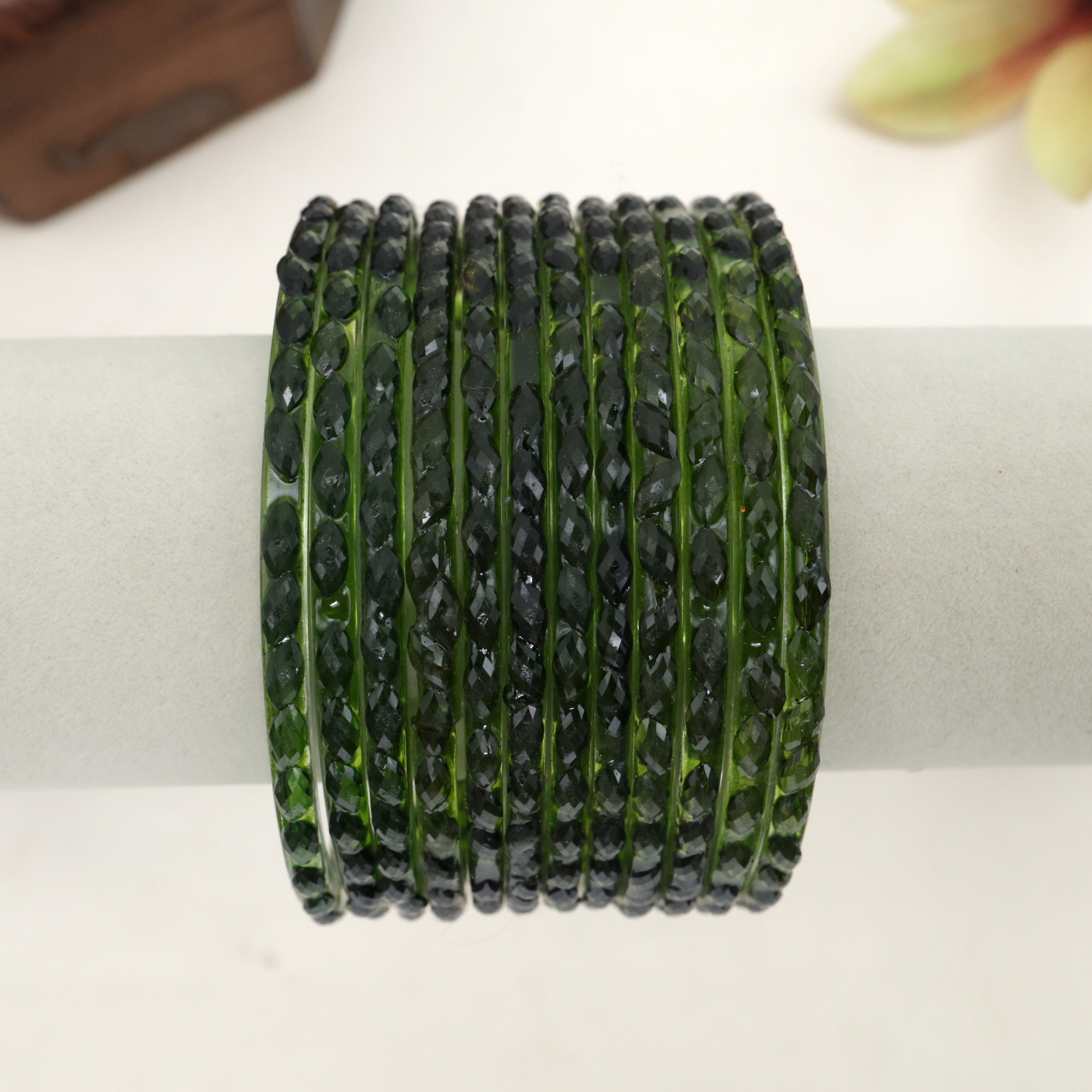 Plain Crystal Cut Glass Bangles - Dark Green