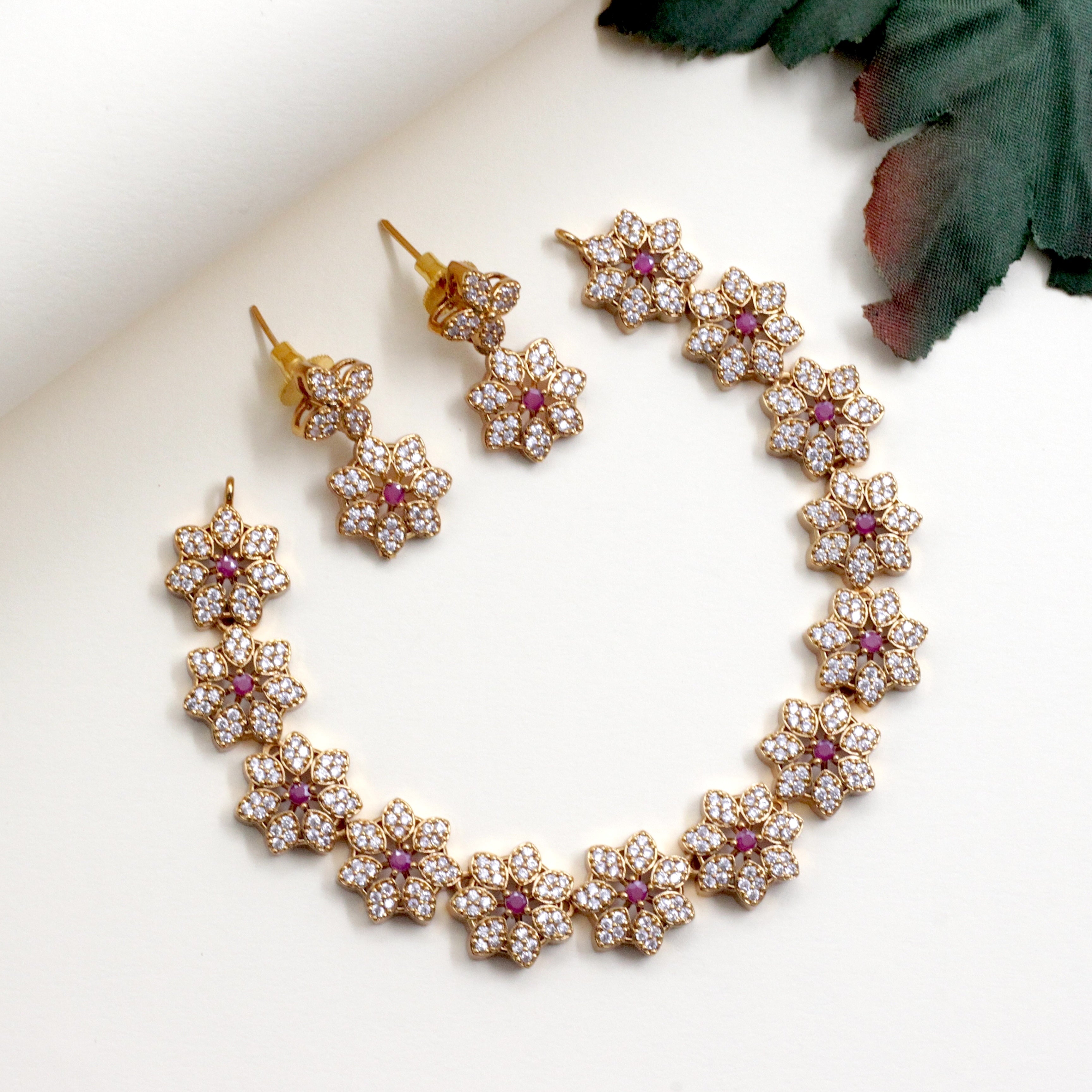 AD Star Flowers Bridal Necklace Set - White & Ruby