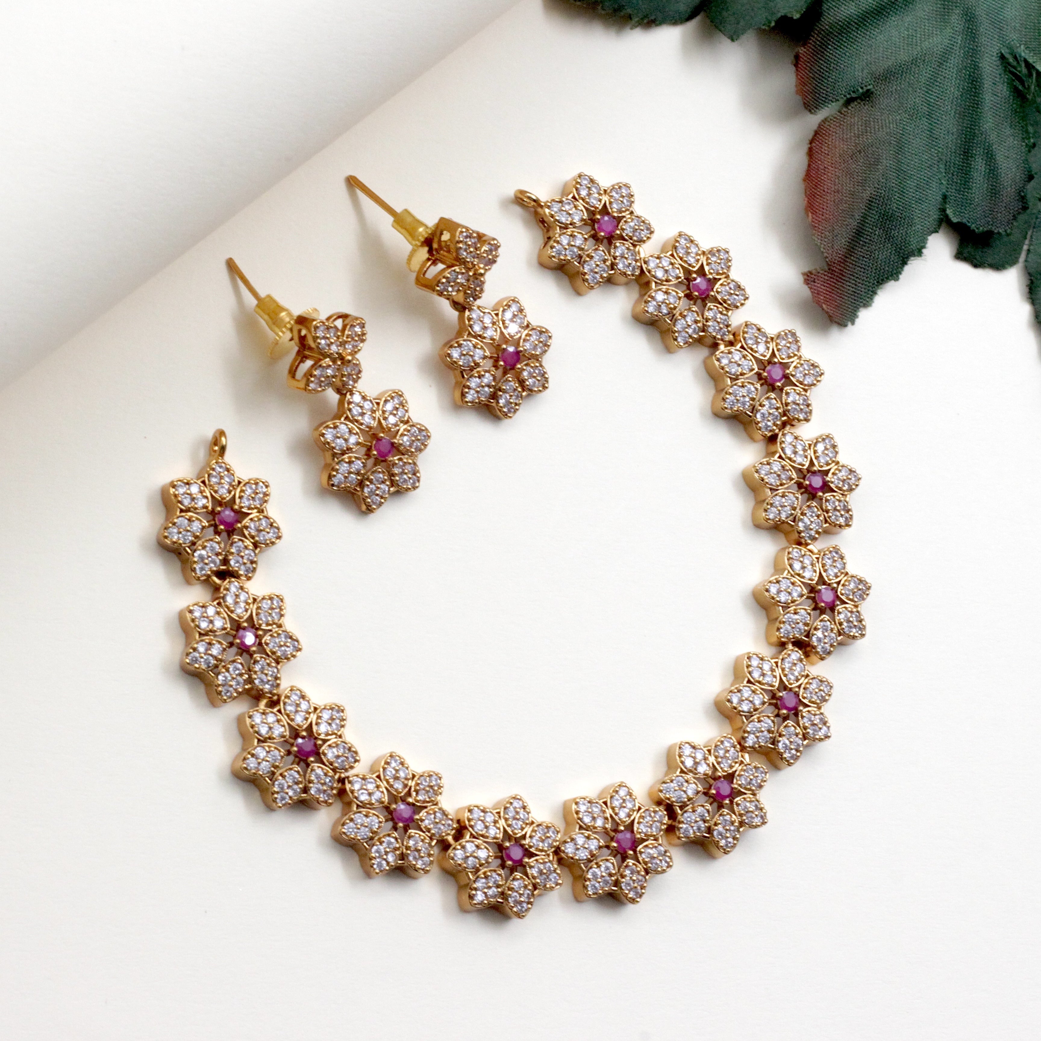 AD Star Flowers Bridal Necklace Set - White & Ruby