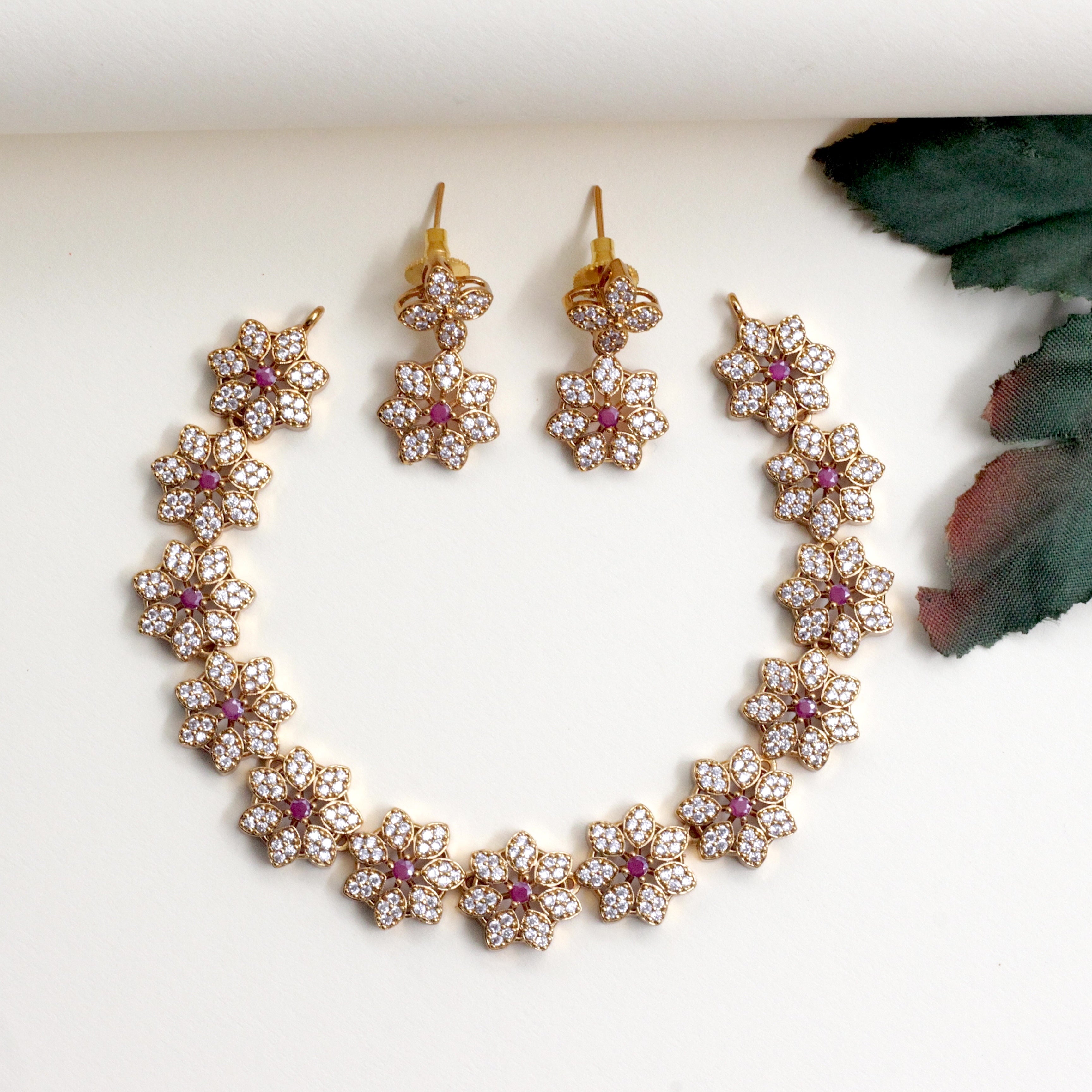 AD Star Flowers Bridal Necklace Set - White & Ruby