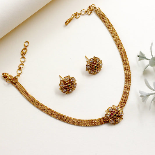 Antique Gold Cute Kids Friendly AD Flower Necklace Set