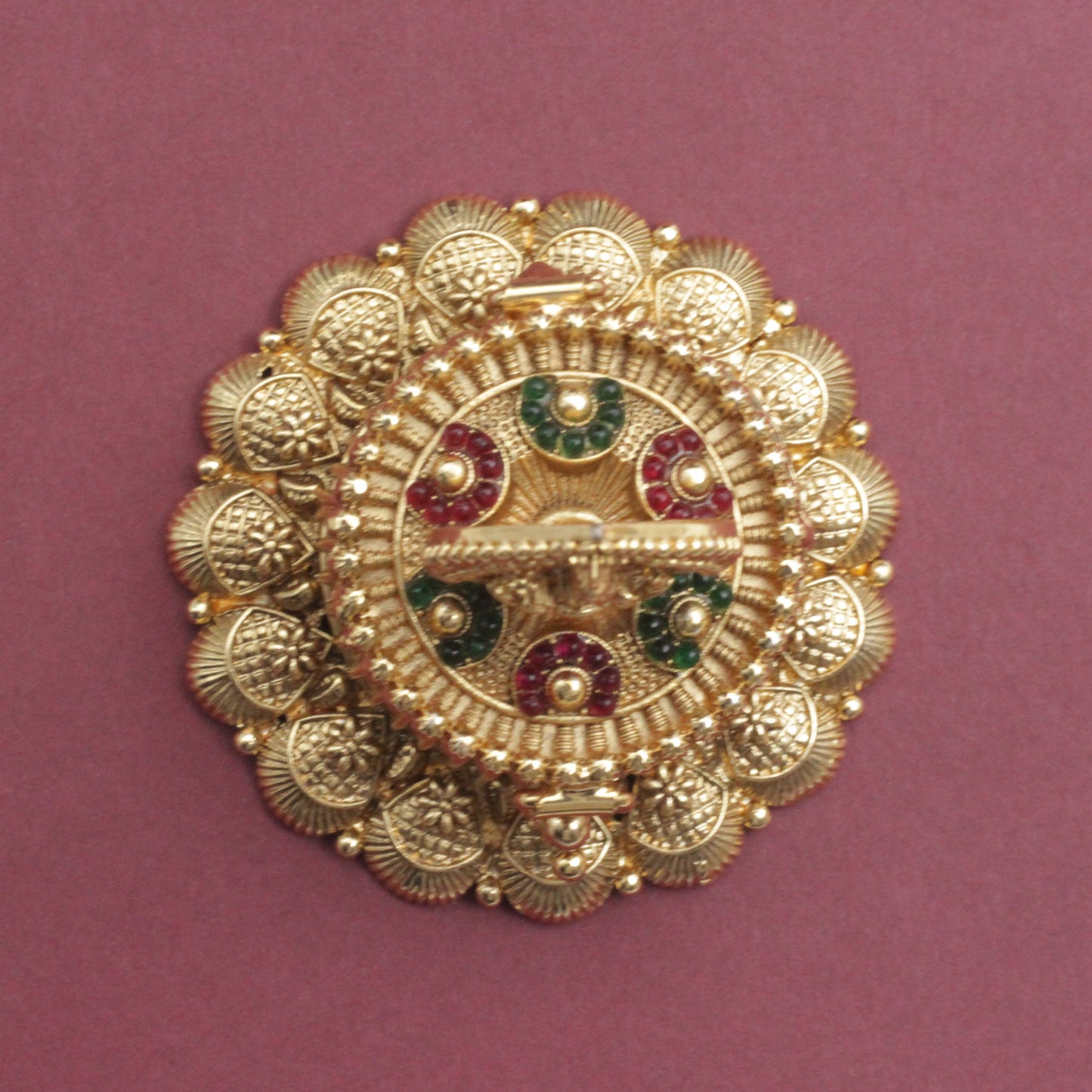 Antique Gold Kemp Leaf Lakshmi Big Round Haldi/Kumkum Box - Sindoor Dabbi