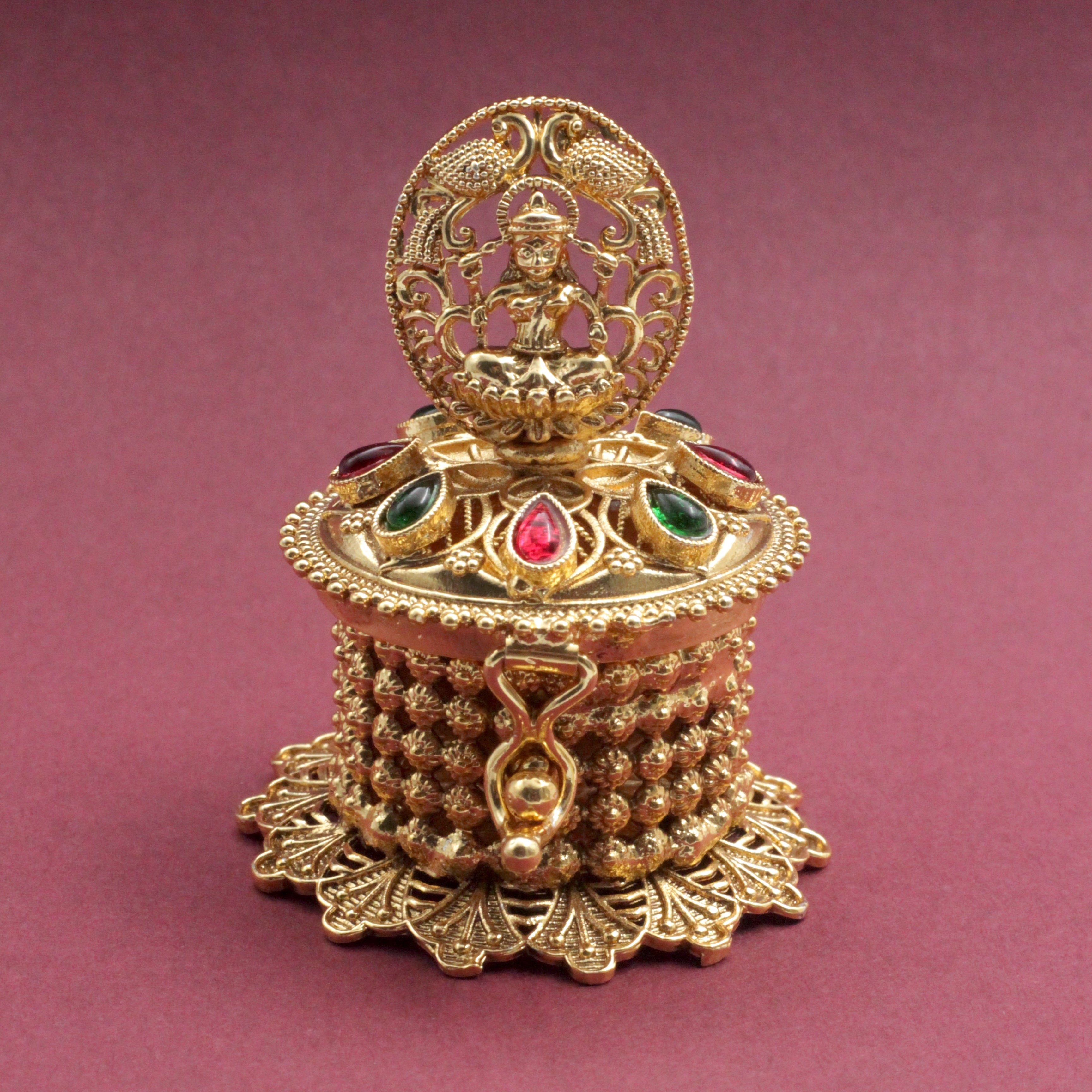 Antique Gold Kemp Lakshmi Cutwork Haldi/Kumkum Box - Sindoor Dabbi