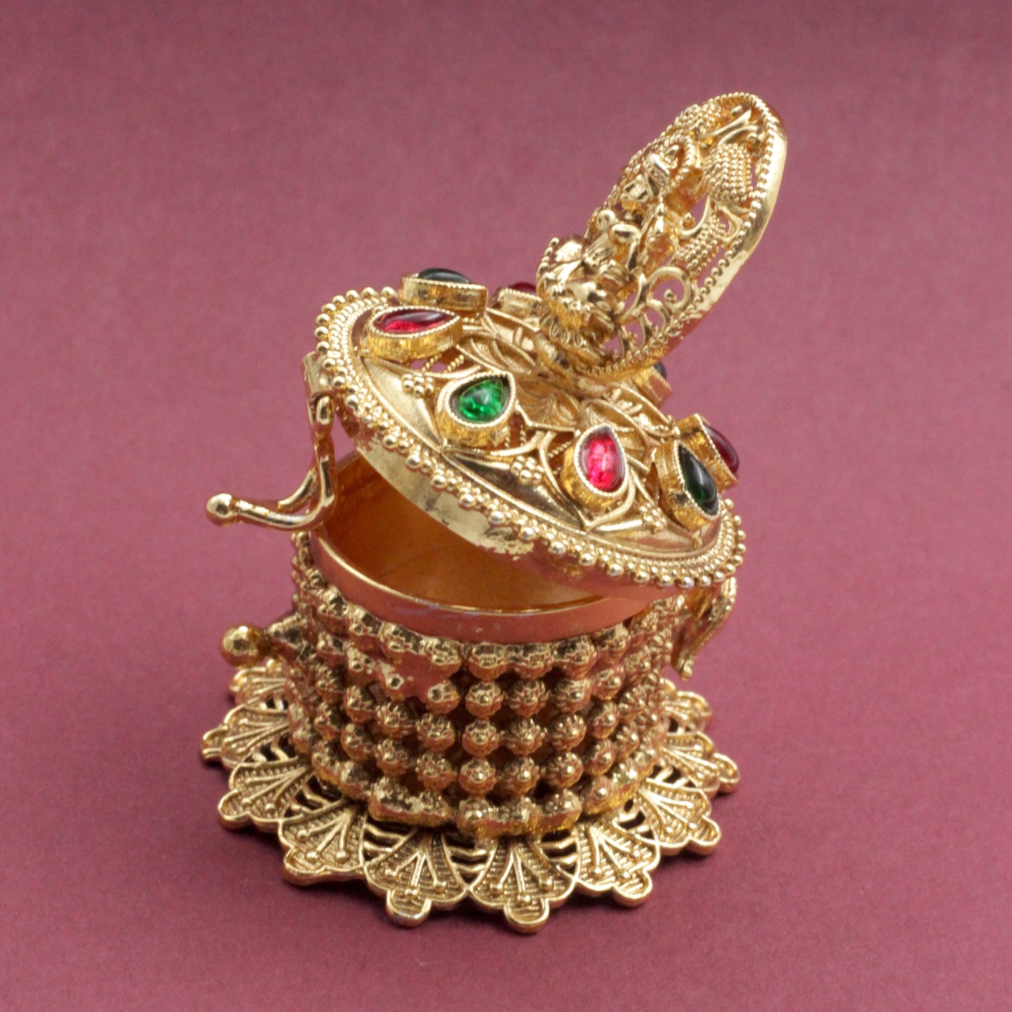 Antique Gold Kemp Lakshmi Cutwork Haldi/Kumkum Box - Sindoor Dabbi