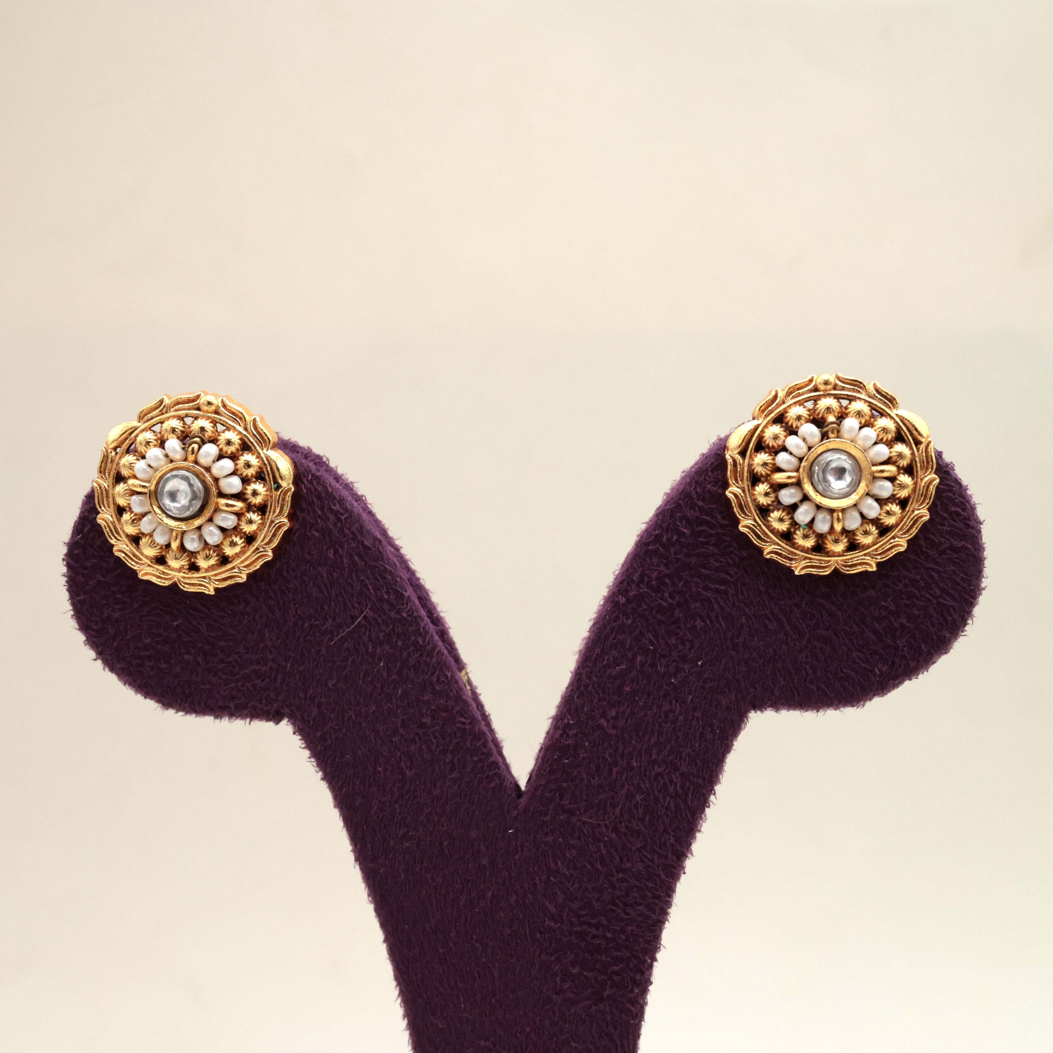 Premium Gold Look Alike Moti Jadau Kundan Small Studs - White