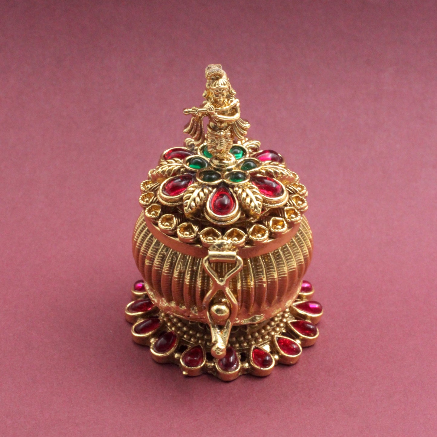 Antique Gold Kemp Round Krishna Haldi/Kumkum Box - Sindoor Dabbi