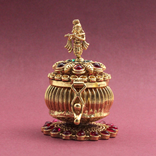 Antique Gold Kemp Round Krishna Haldi/Kumkum Box - Sindoor Dabbi