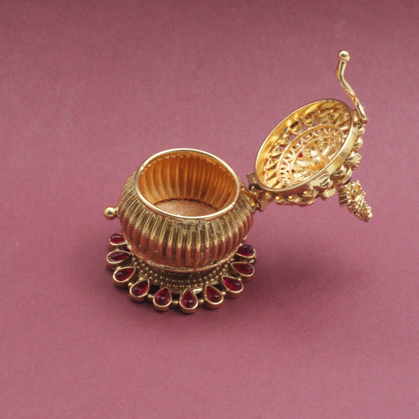 Antique Gold Kemp Round Krishna Haldi/Kumkum Box - Sindoor Dabbi