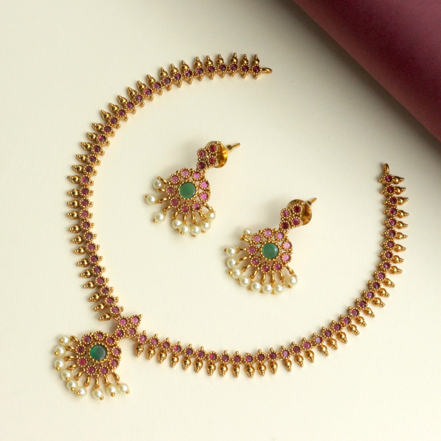 Cute Small Button Kemp Traditional Attigai Design Necklace Set