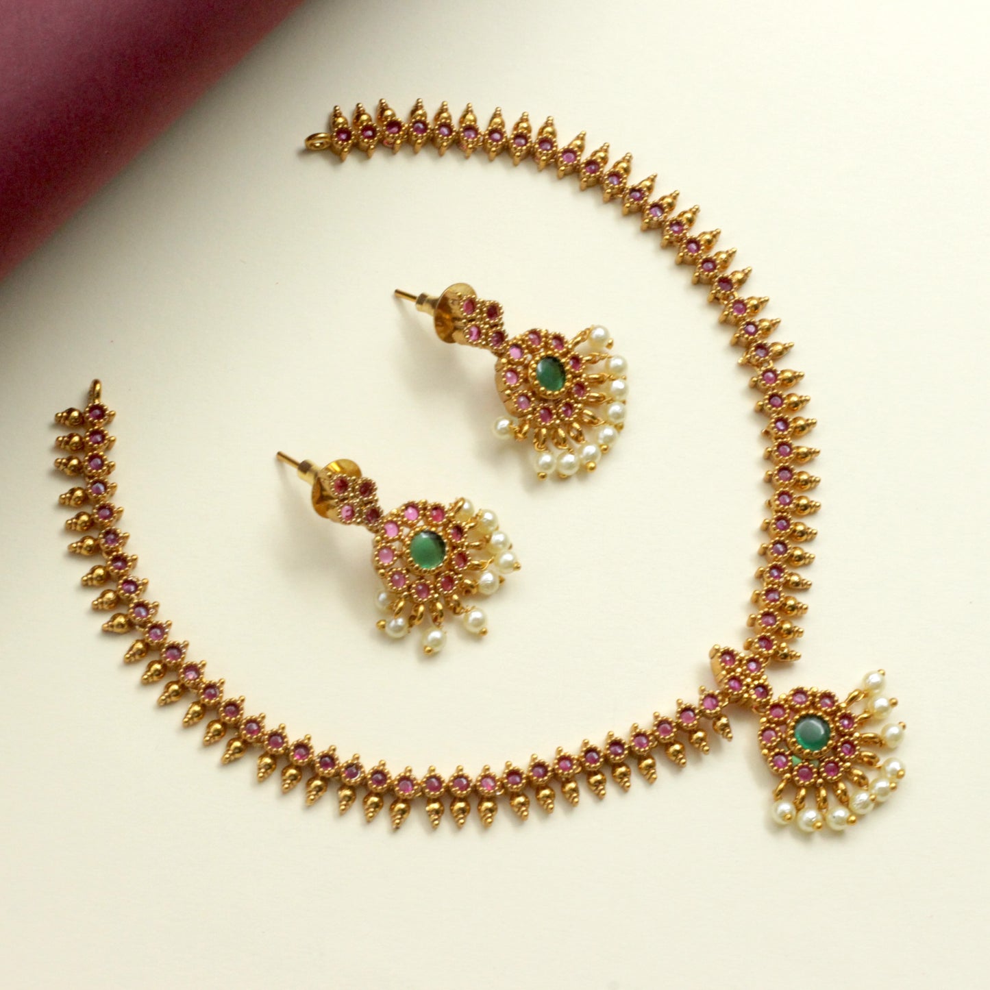 Cute Small Button Kemp Traditional Attigai Design Necklace Set