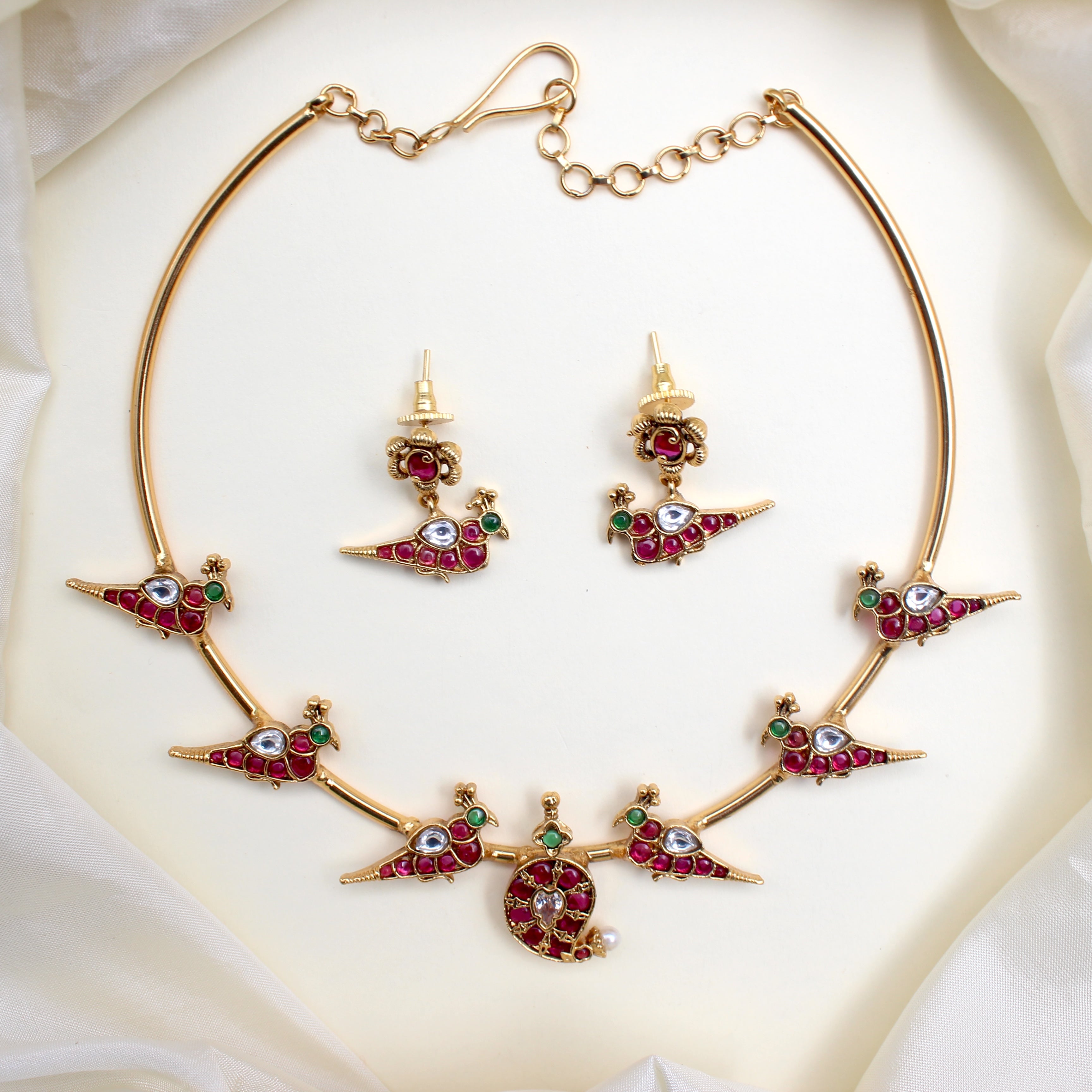 Premium Kundan Kemp Mango Birds Hasli Set