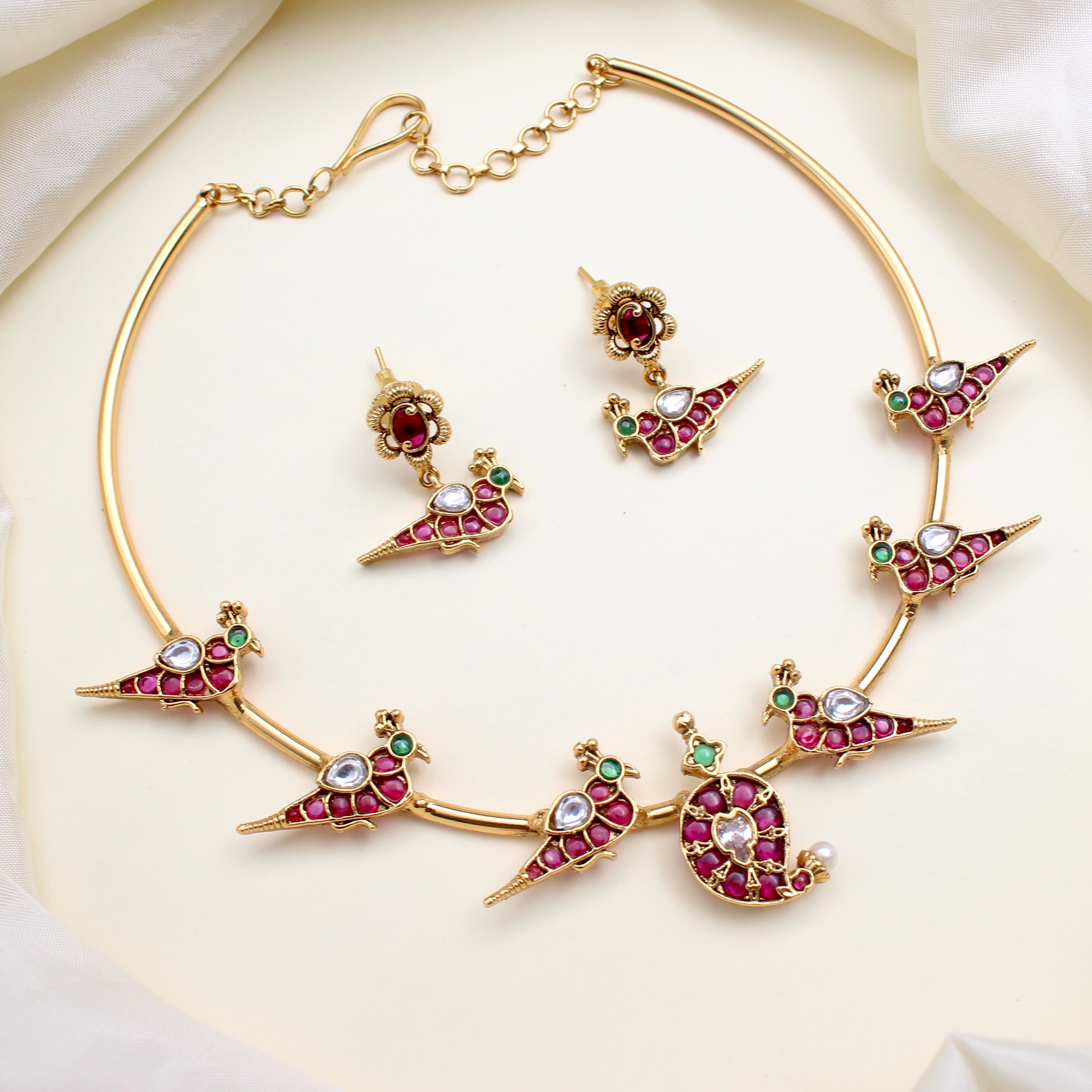 Premium Kundan Kemp Mango Birds Hasli Set