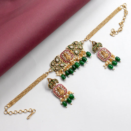 Antique Matte Mahalakshmi Pendant Double Leaf AD Kemp Choker Set - Green with Red