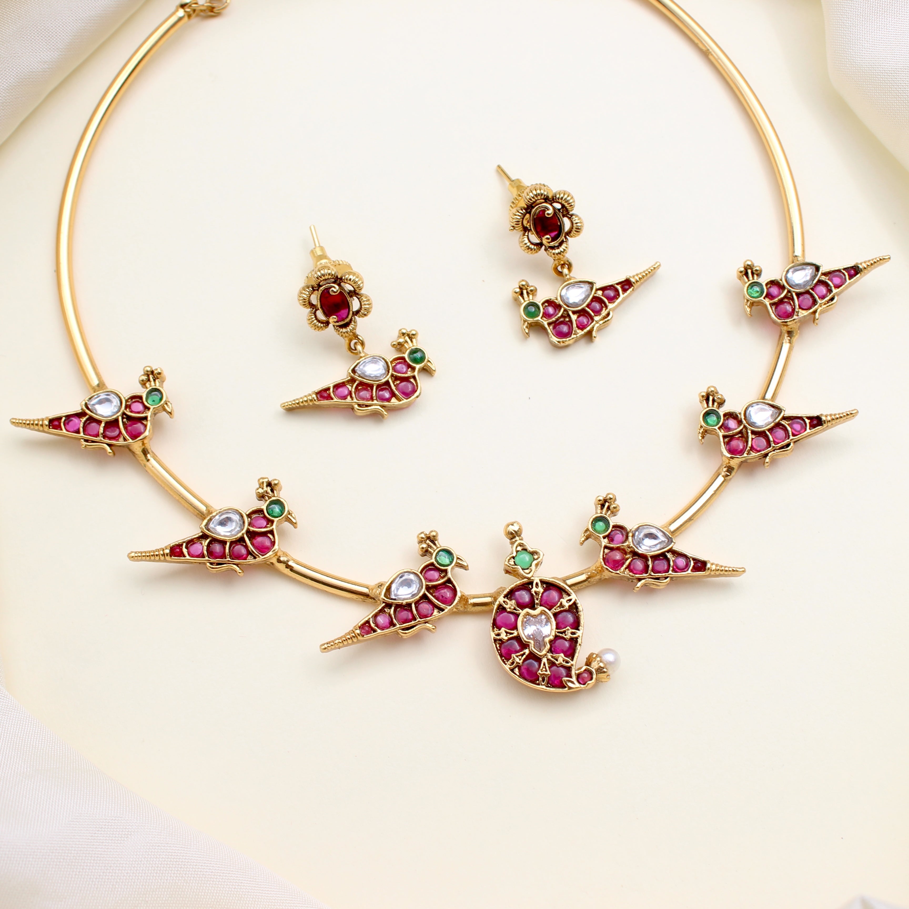 Premium Kundan Kemp Mango Birds Hasli Set