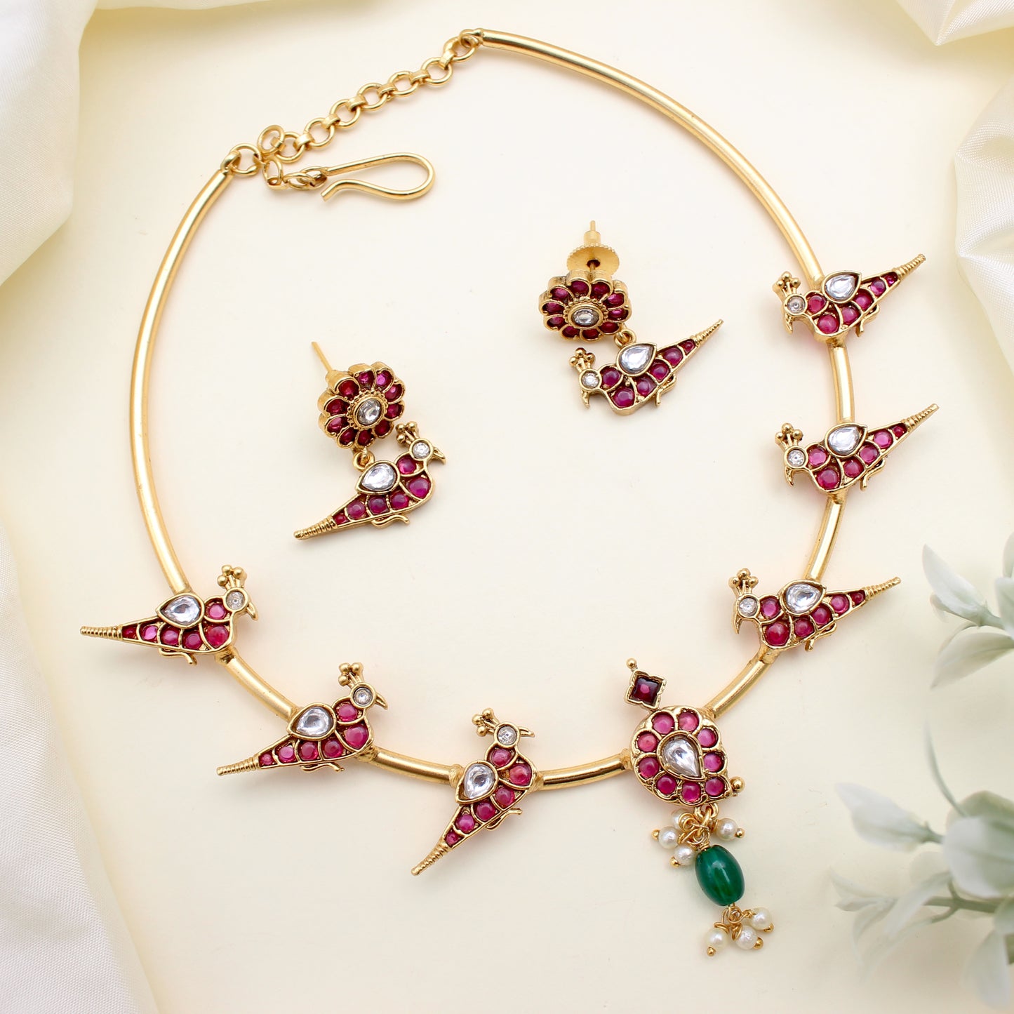 Premium Kundan Kemp Mango Birds Hasli Set