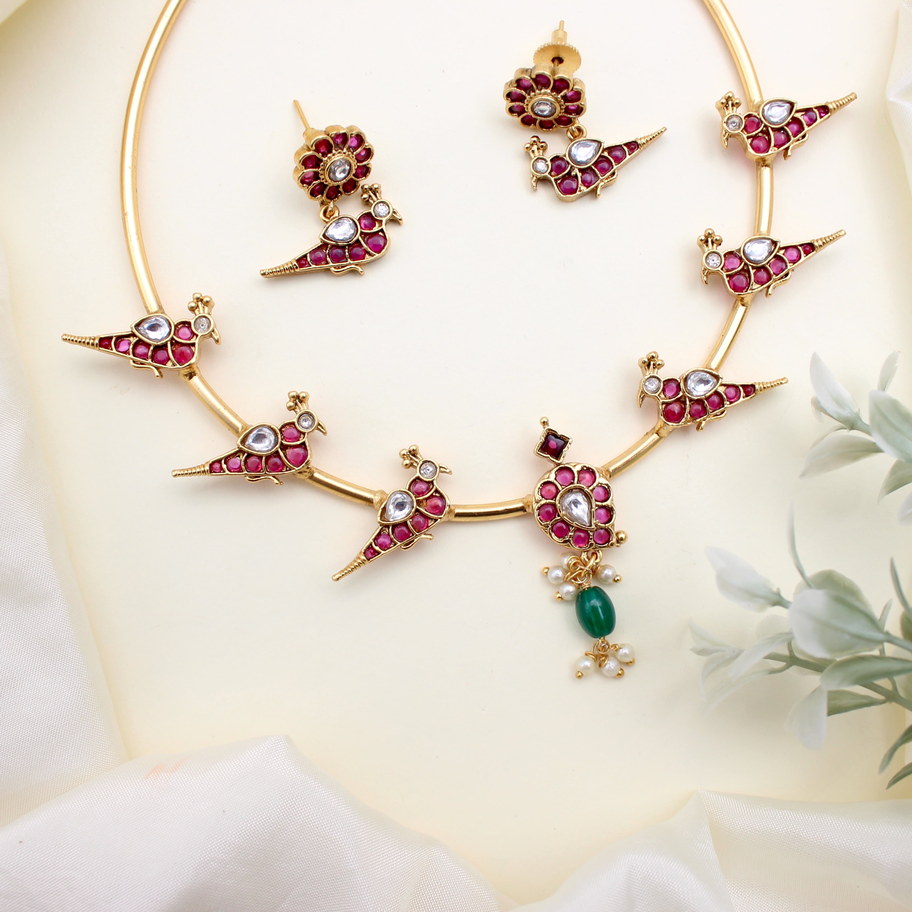 Premium Kundan Kemp Mango Birds Hasli Set