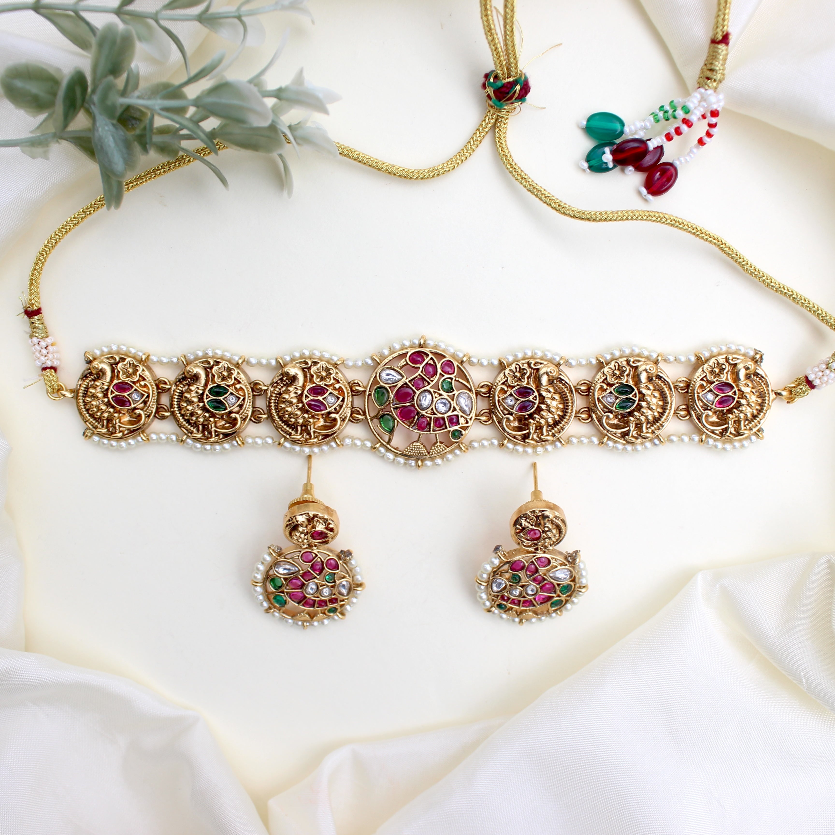 Premium Nagas Traditional Annapakshi Pearl Outline Bridal Choker Set