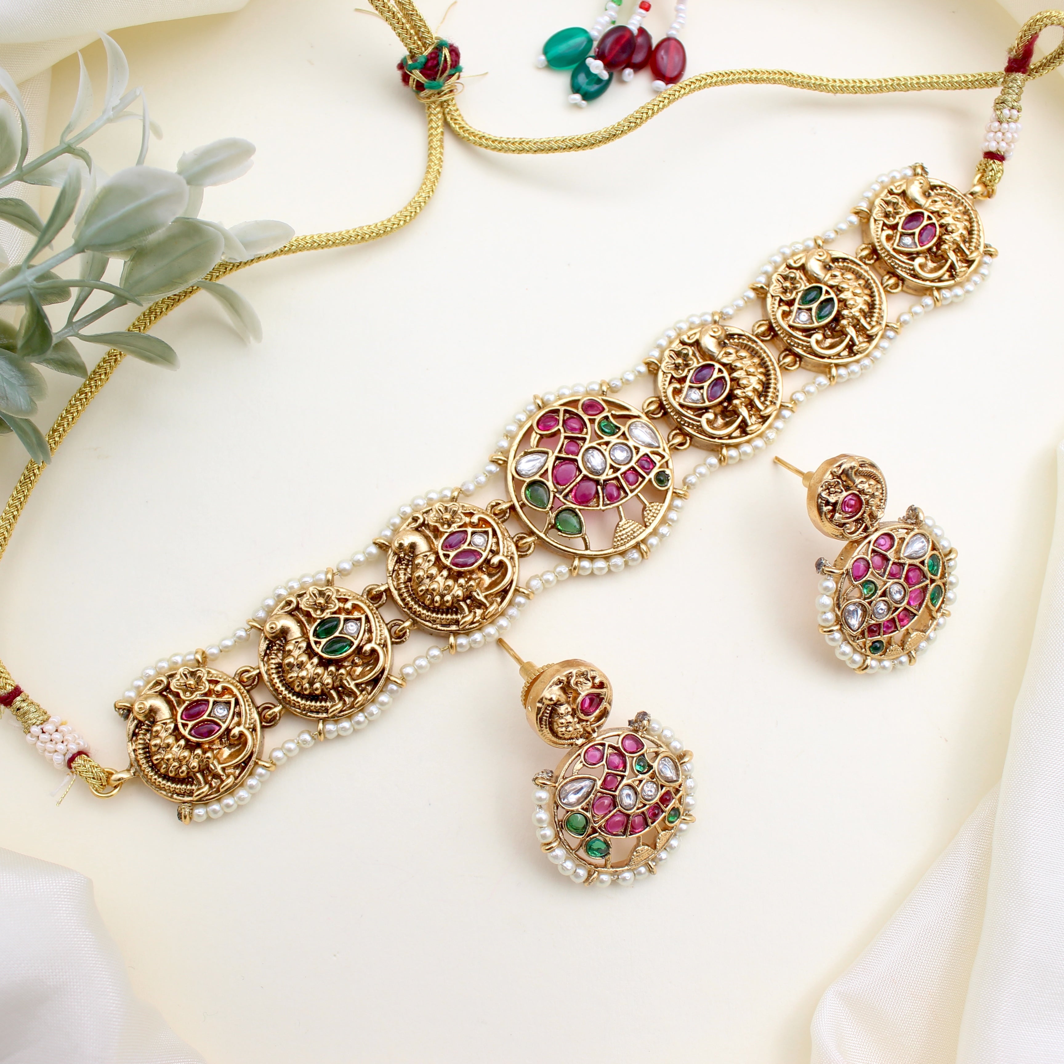 Premium Nagas Traditional Annapakshi Pearl Outline Bridal Choker Set