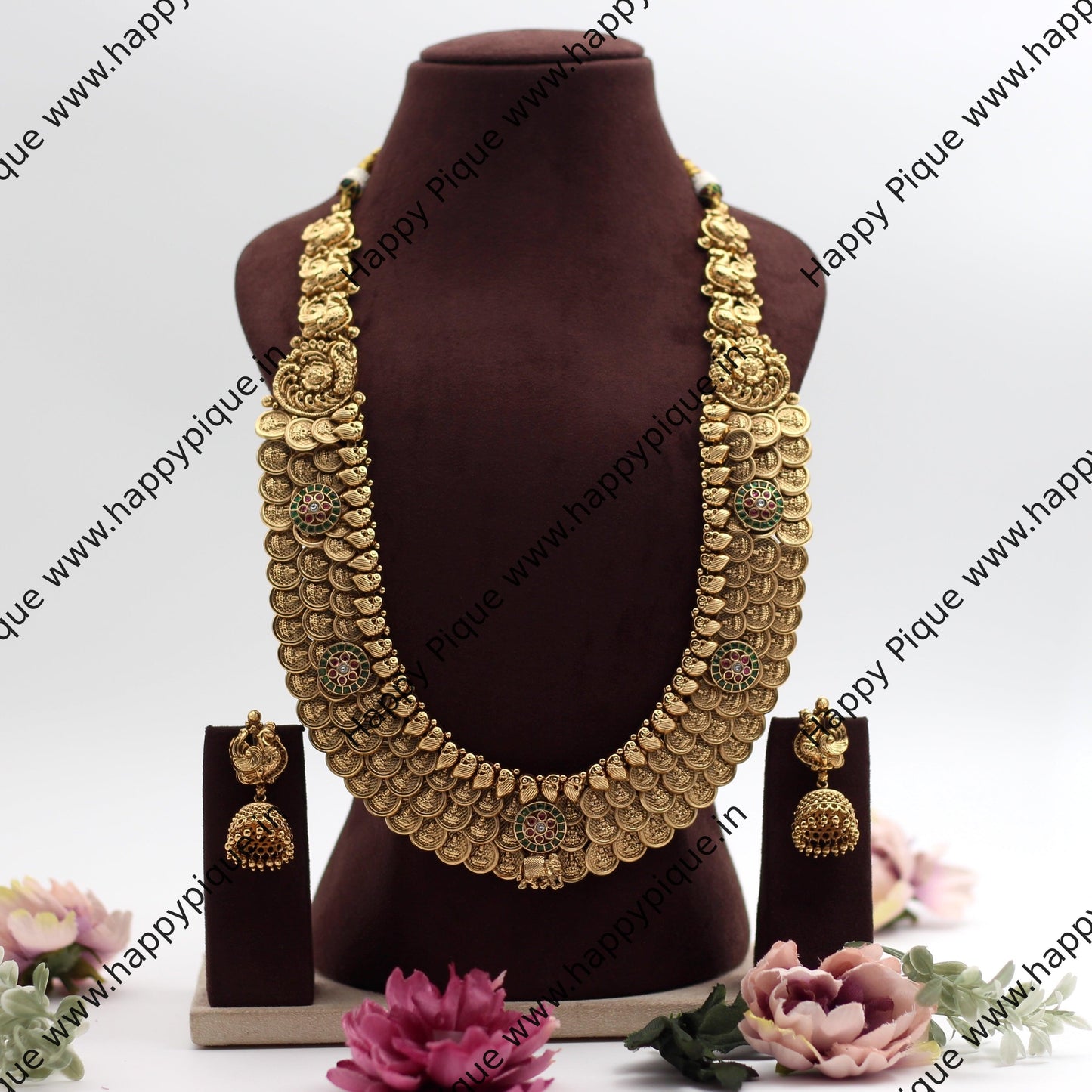 Real Gold Design 3 Line Lakshmi Coin Heavy Bridal Haaram