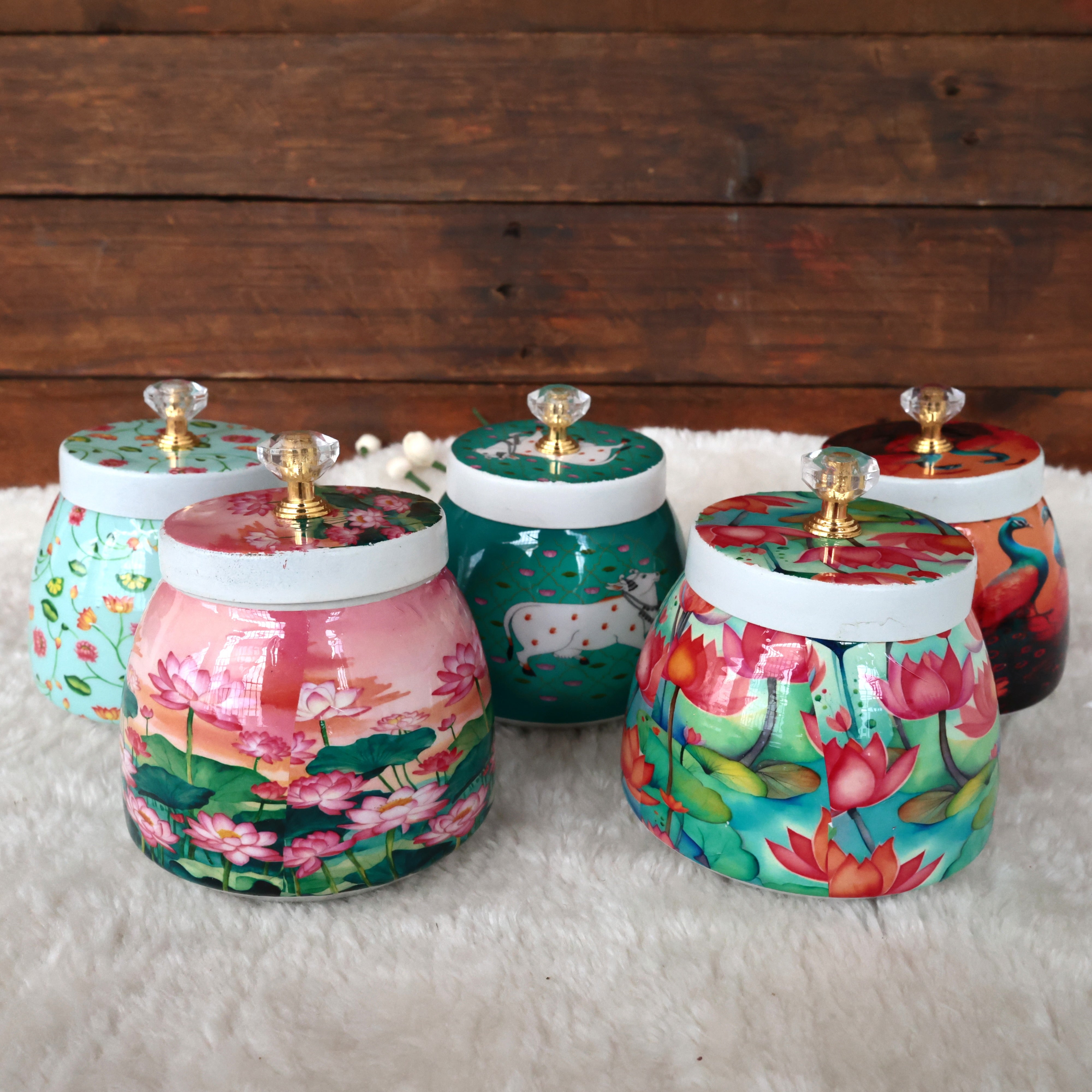 MULTIPURPOSE PICHWAI PRINTED METAL AIR TIGHT JARS - ASSORTED COLOURS & PRINTS