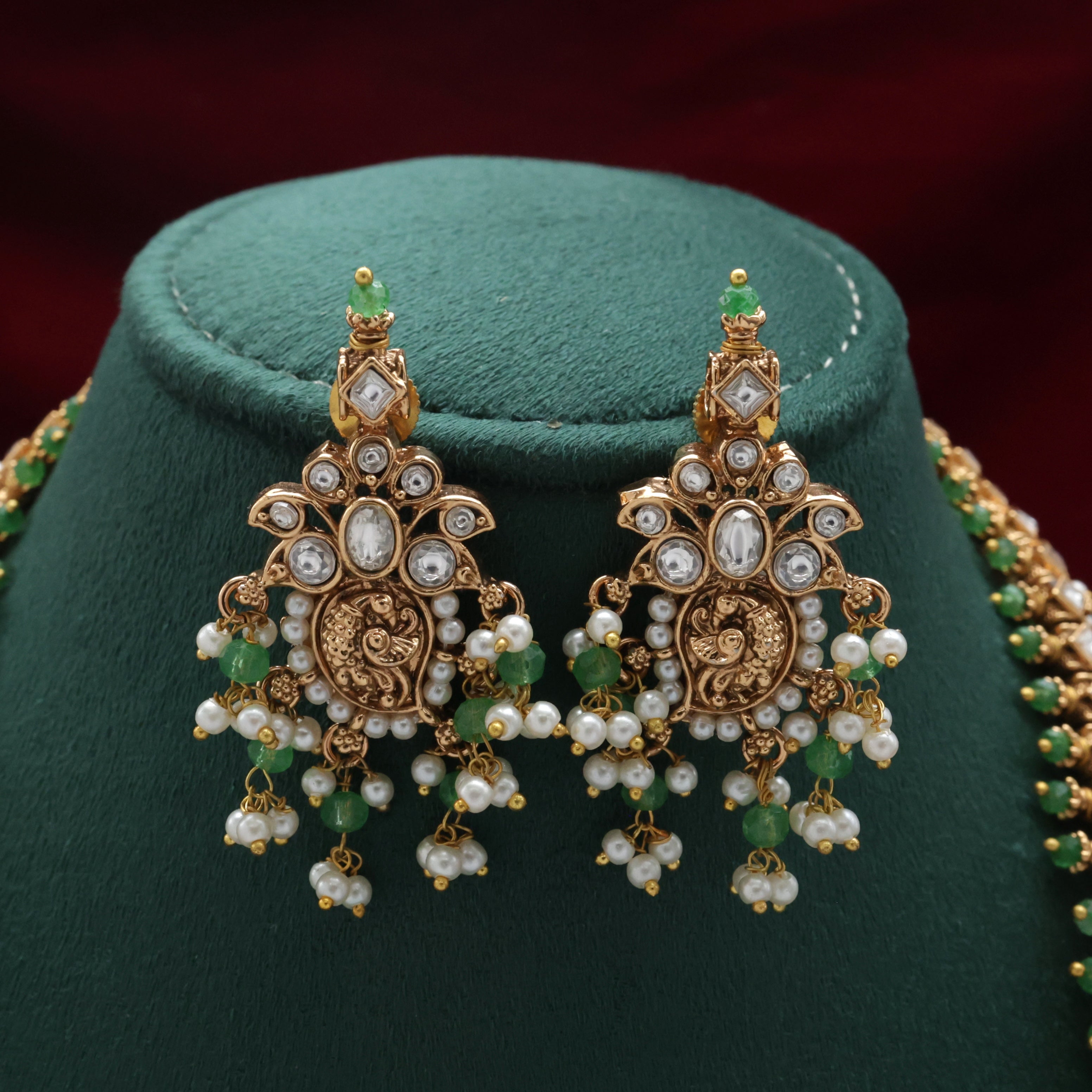 PREMIUM KEMP & KUNDAN STONES BRIDAL GUTTAPUSALU HAARAM SET - Diamond White
