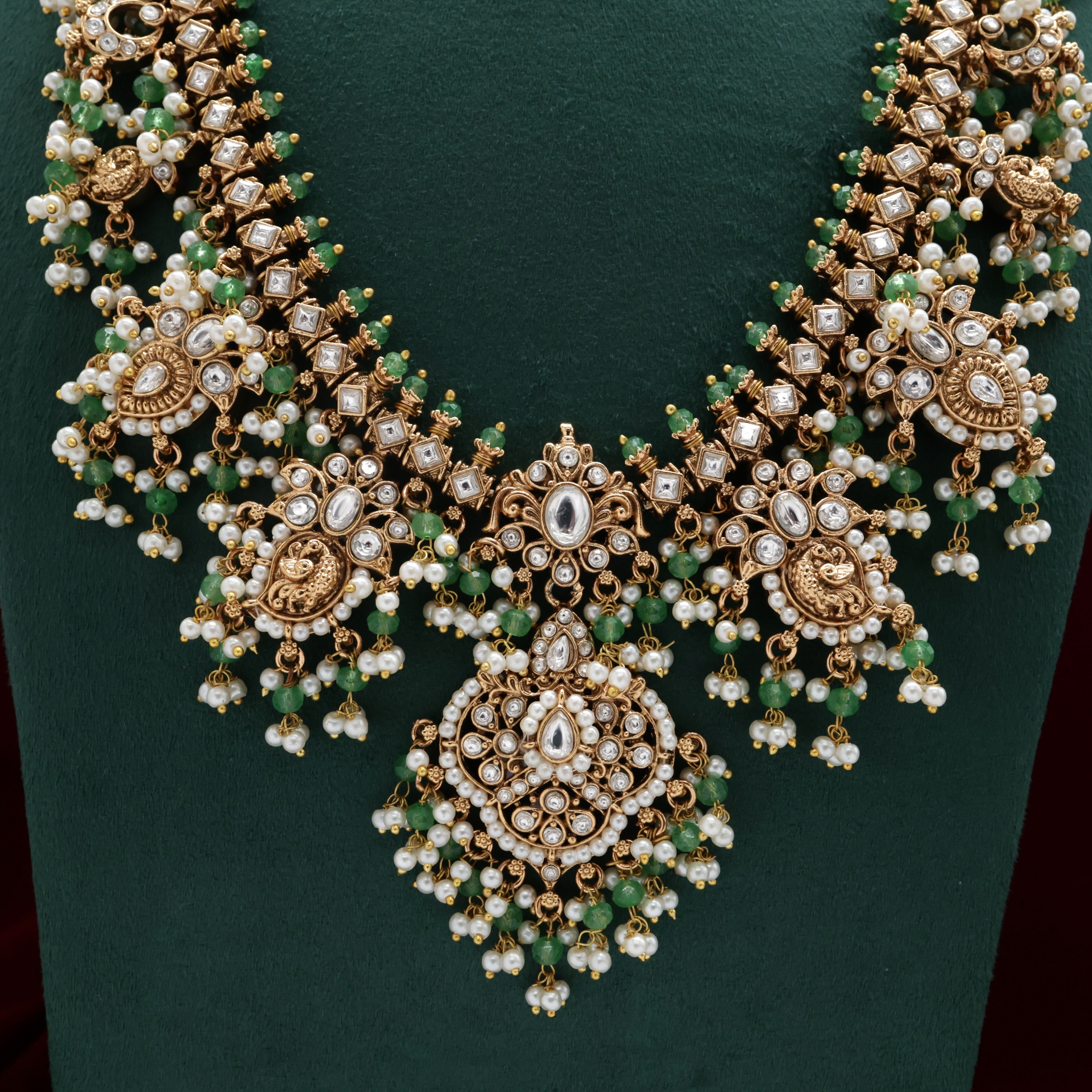 PREMIUM KEMP & KUNDAN STONES BRIDAL GUTTAPUSALU HAARAM SET - Diamond White