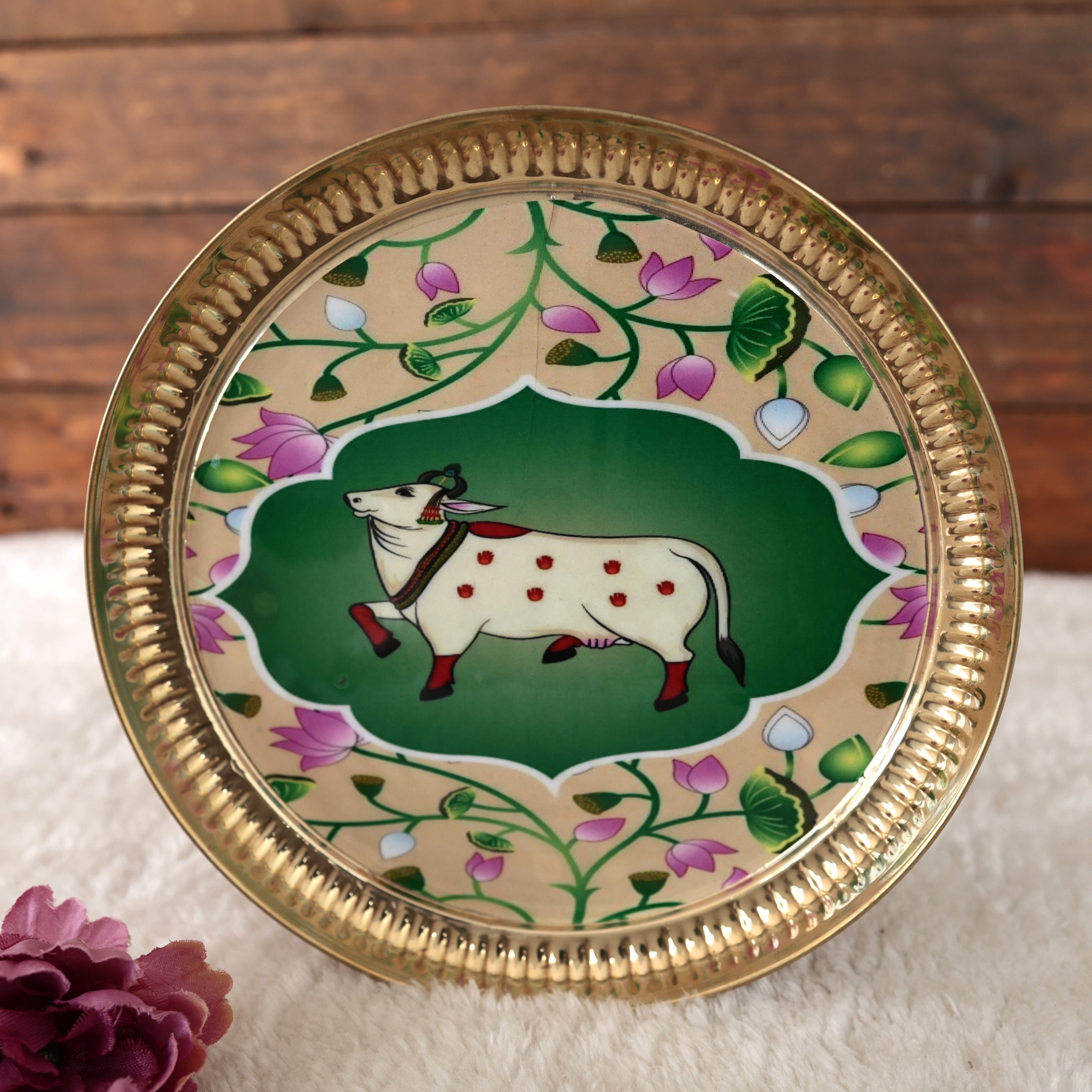 PICHWAI PRINTED 8 INCHES BRASS PLATES - ASSORTED PRINTS & COLOURS