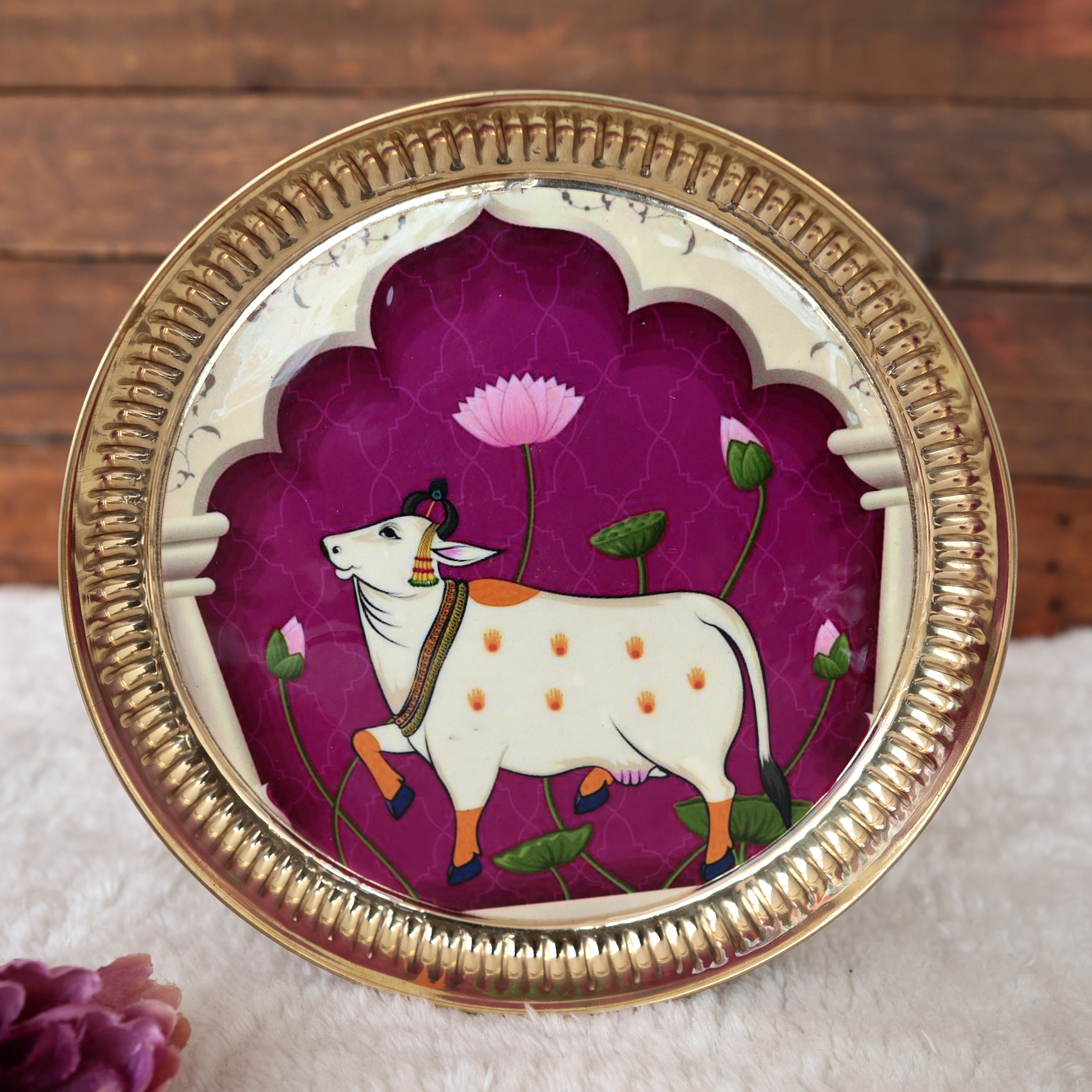 PICHWAI PRINTED 8 INCHES BRASS PLATES - ASSORTED PRINTS & COLOURS