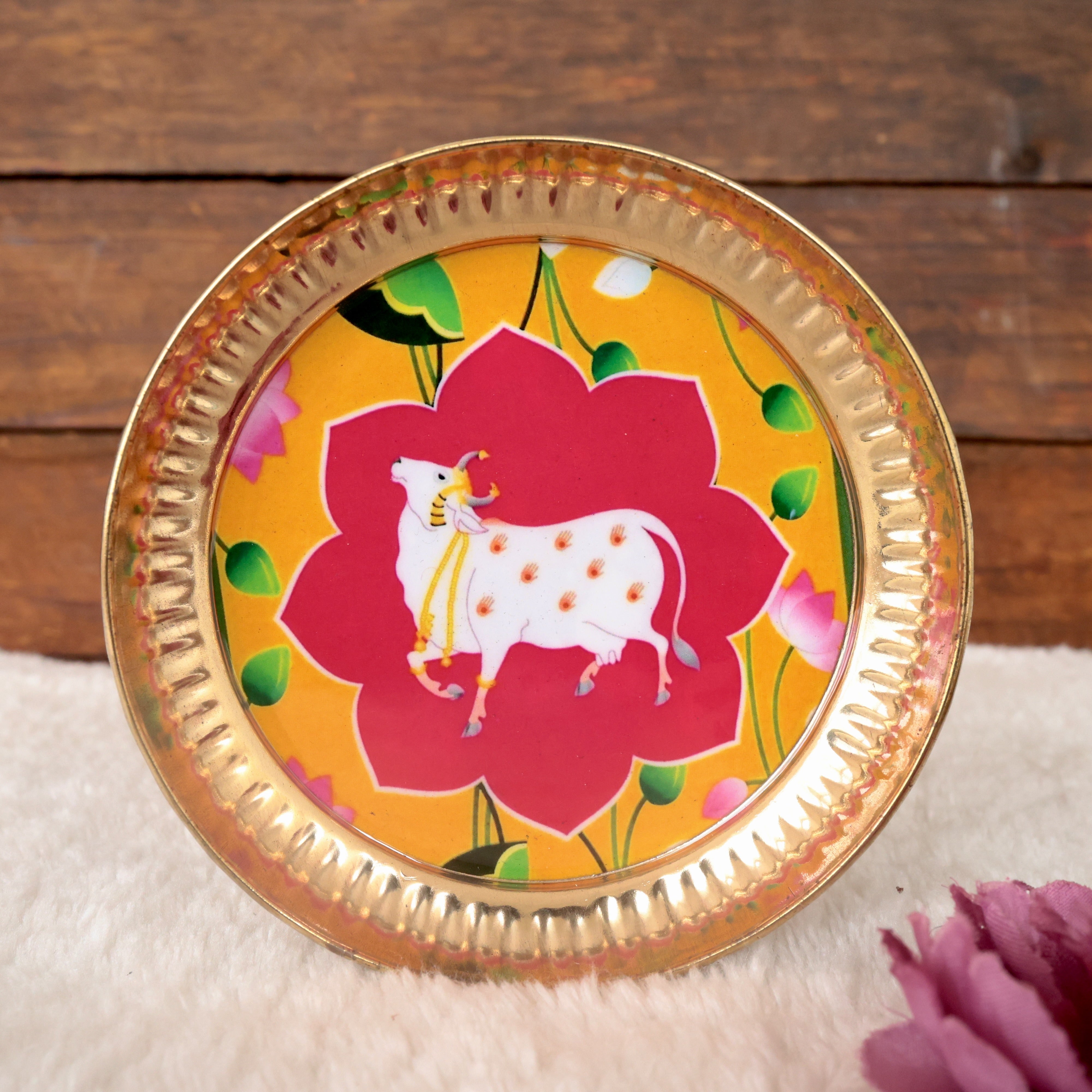 PICHWAI PRINTED 5 INCHES BRASS PLATES - ASSORTED PRINTS & COLOURS