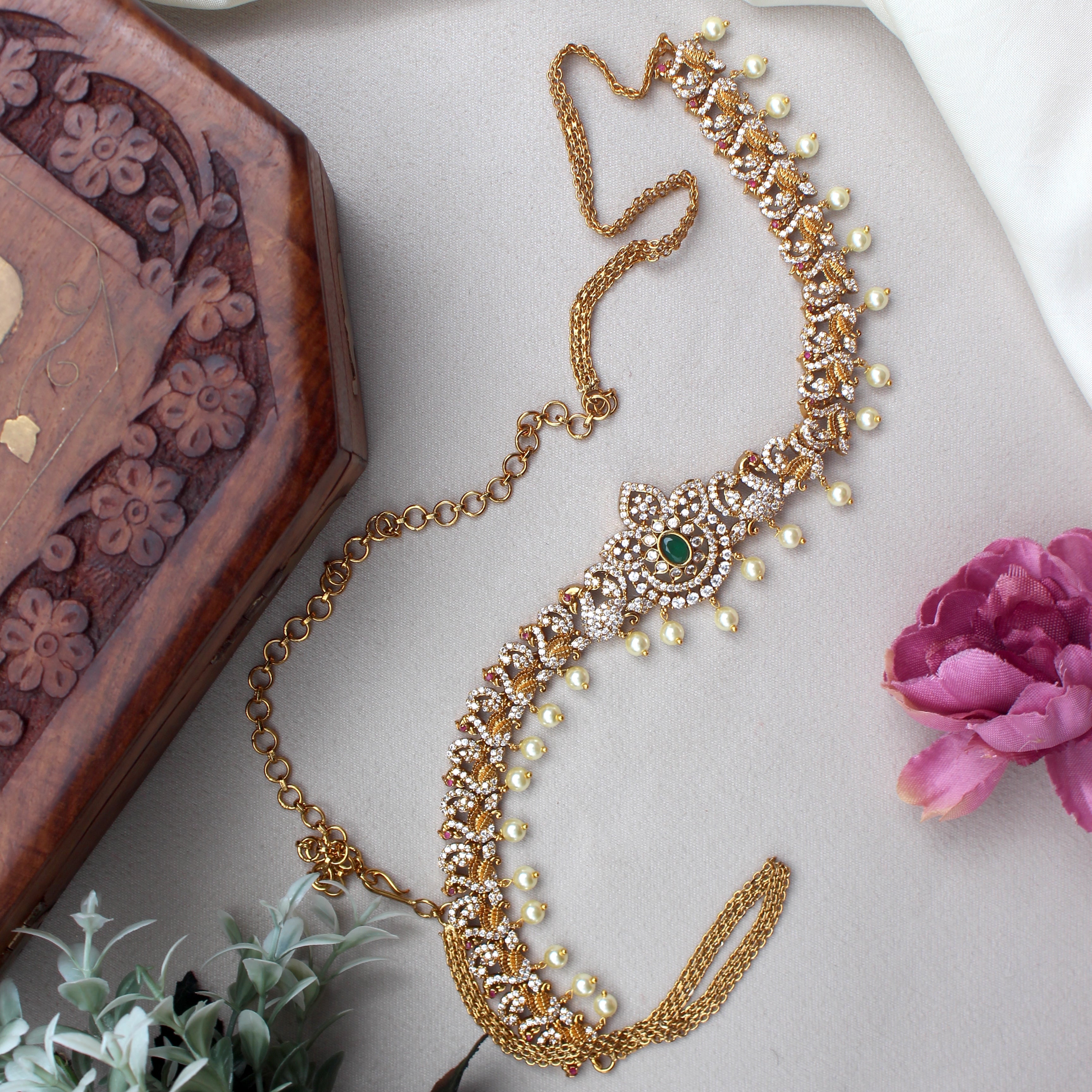 Antique Gold Premium AD Peacock Bridal Hip Chain/Oddiyanam