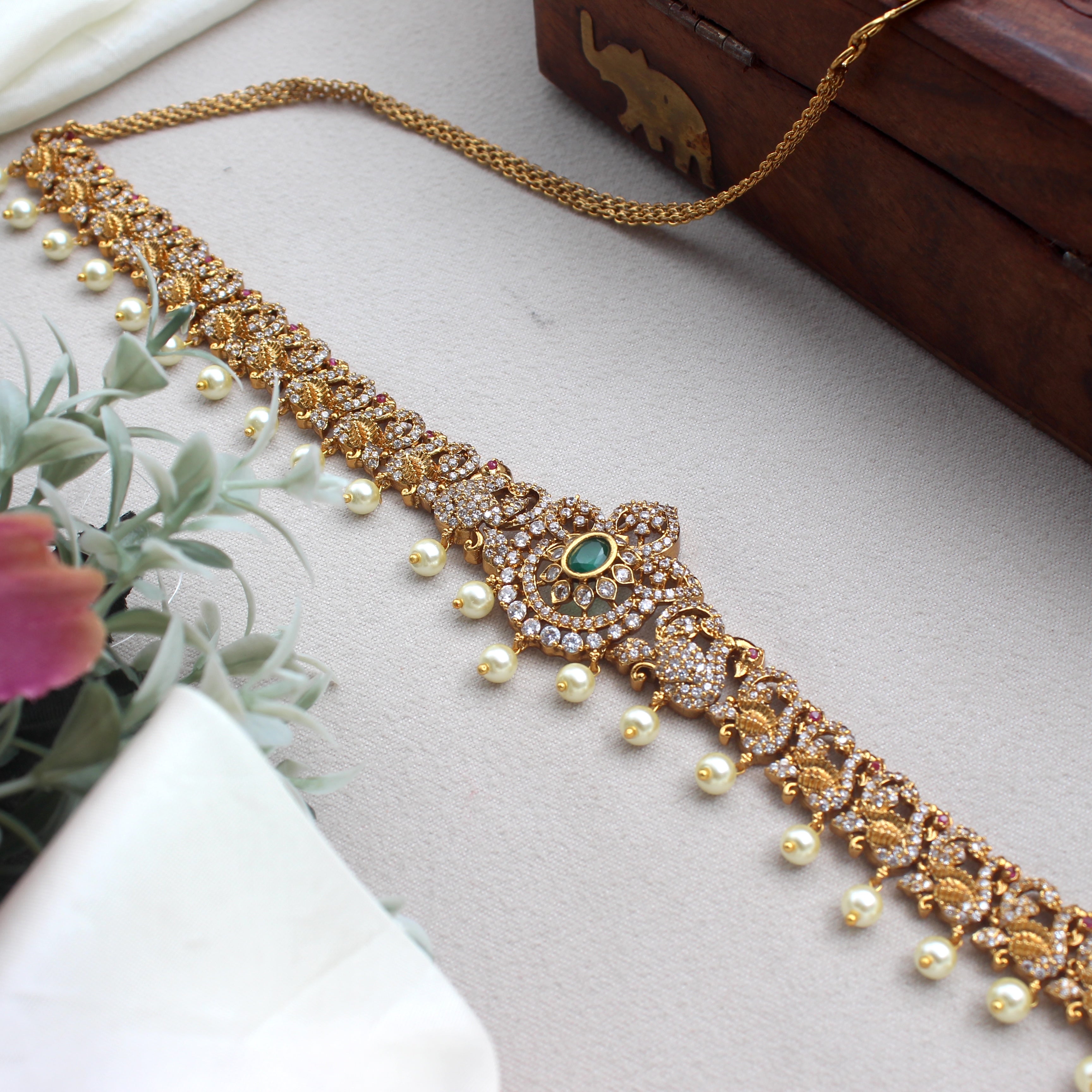 Antique Gold Premium AD Peacock Bridal Hip Chain/Oddiyanam