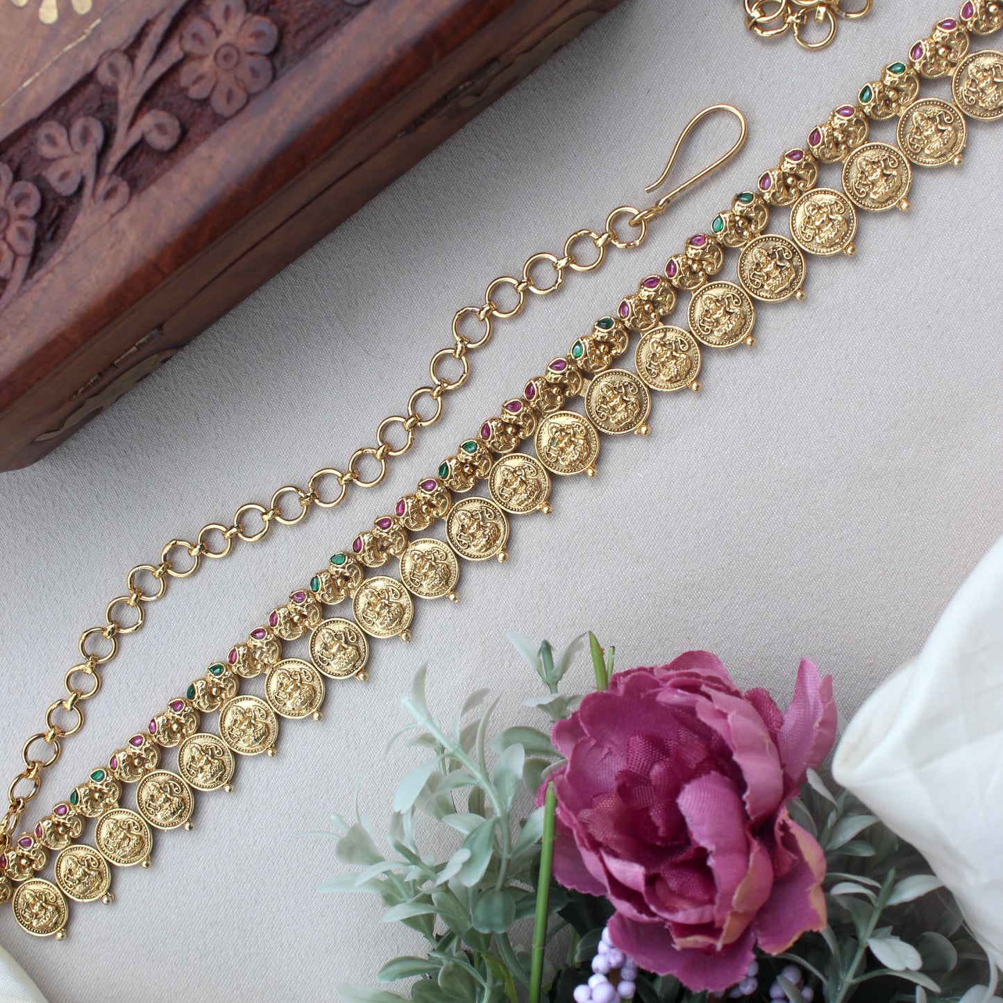Antique Gold Premium Kemp Lakshmi Coin Bridal Hip Chain/Oddiyanam