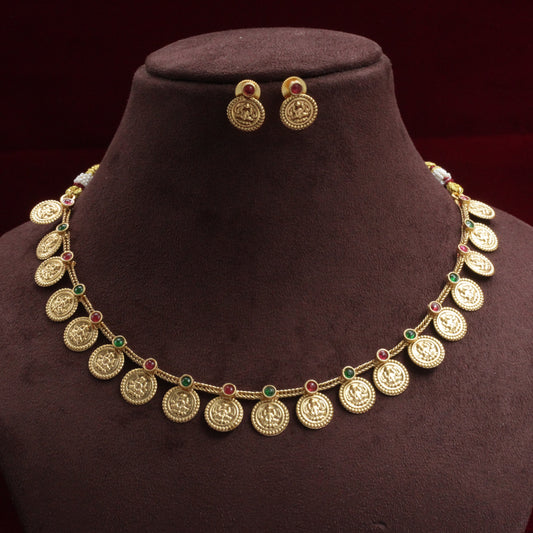 Very Lightweight Antique Gold Lakshmi Coin Kemp Necklace