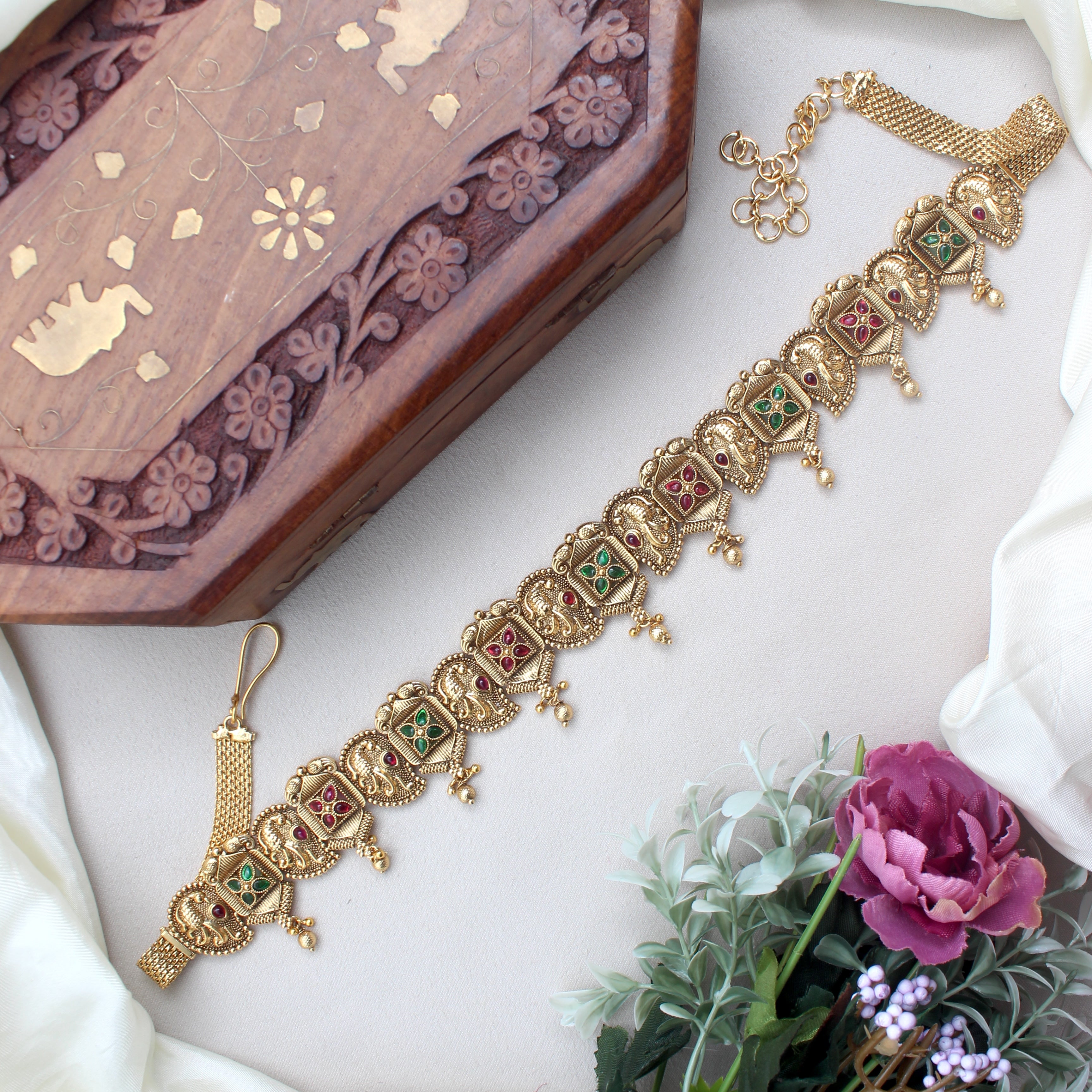 Antique Gold Premium Kemp Square Tile Peacock Bridal Hip Chain/Oddiyanam