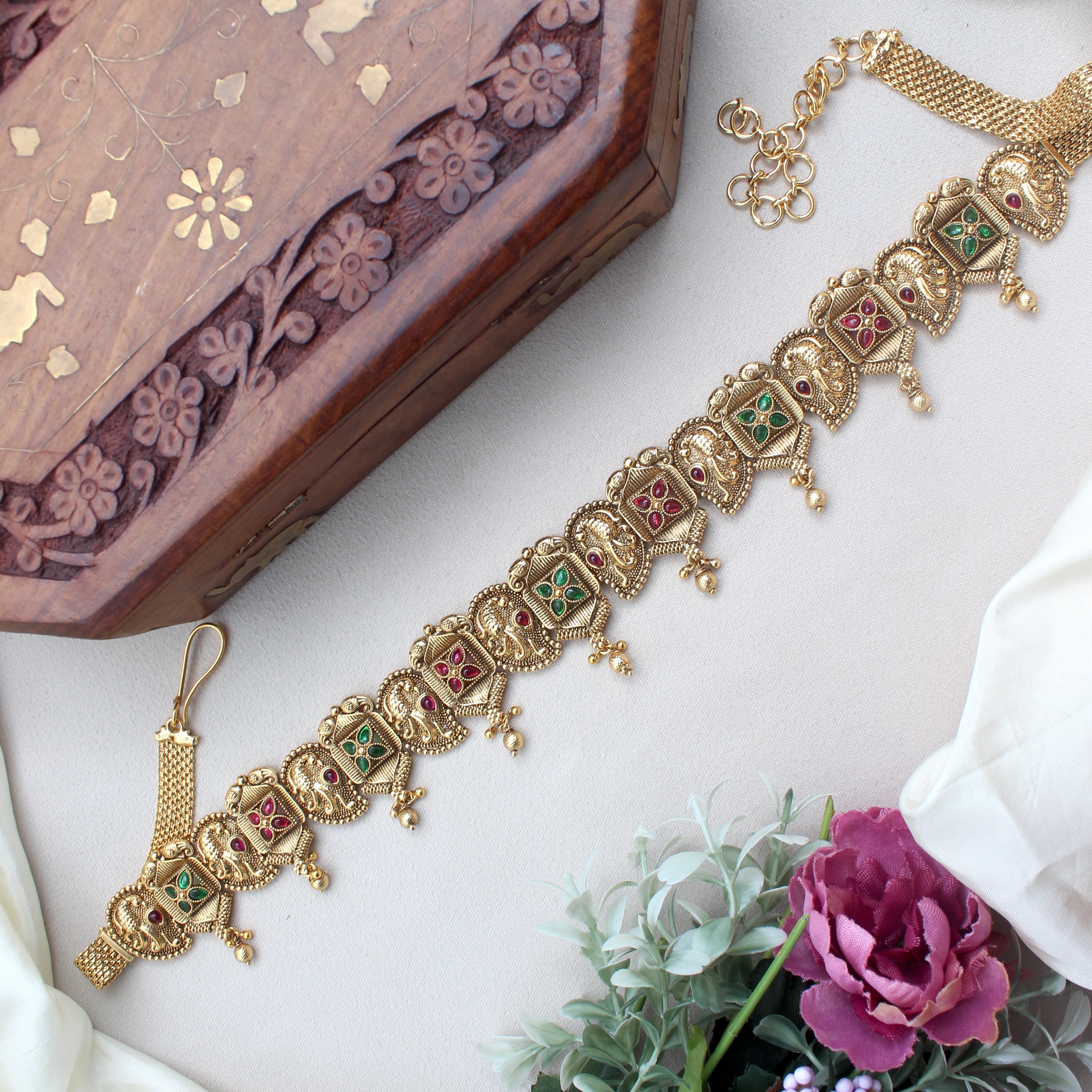 Antique Gold Premium Kemp Square Tile Peacock Bridal Hip Chain/Oddiyanam