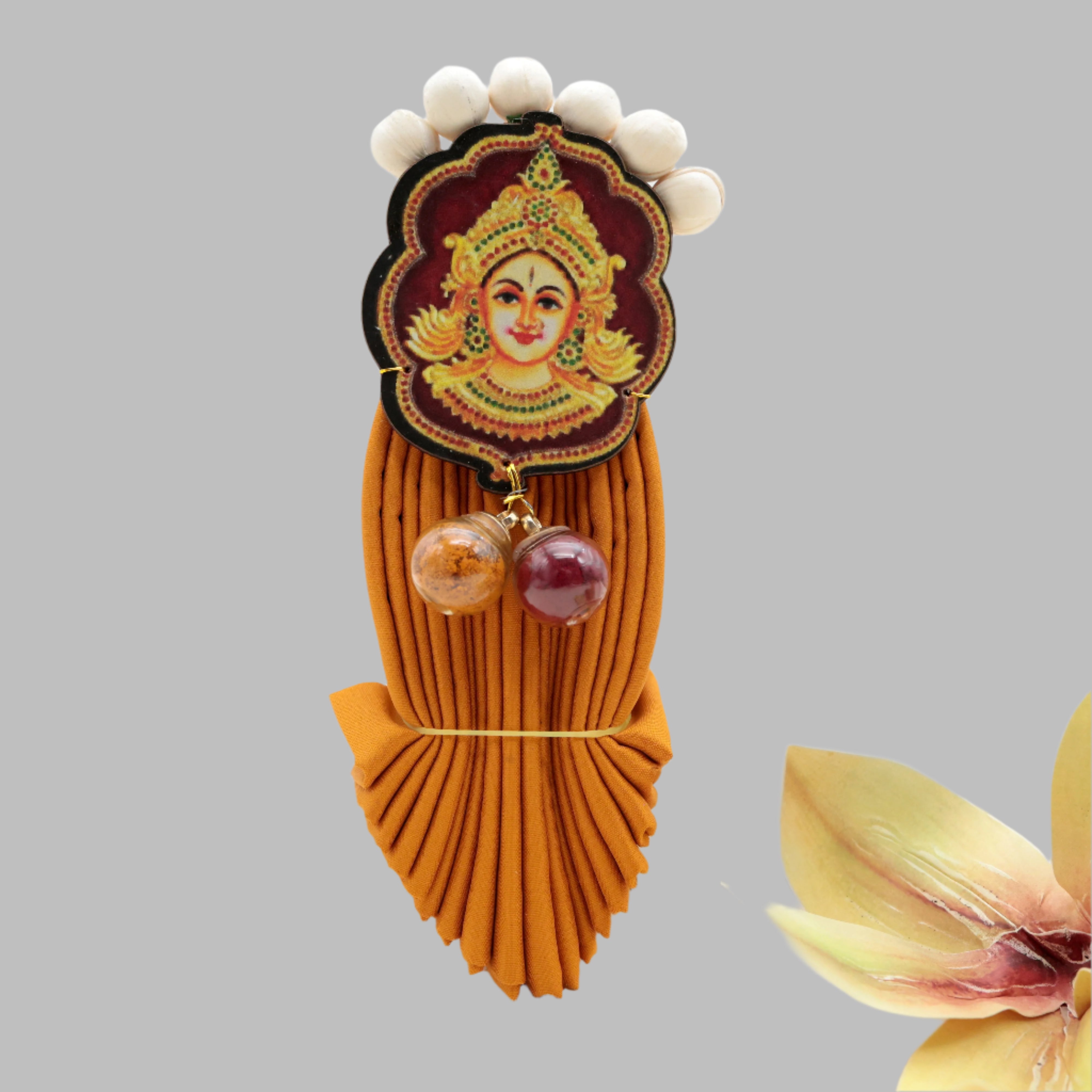 PREMIUM 1 METRE FAN FOLDED SILK COTTON BLOUSE PIECE WITH VARALAKSHMI DEVI WITH FLOWERS & MANJAL KUMKUM SET