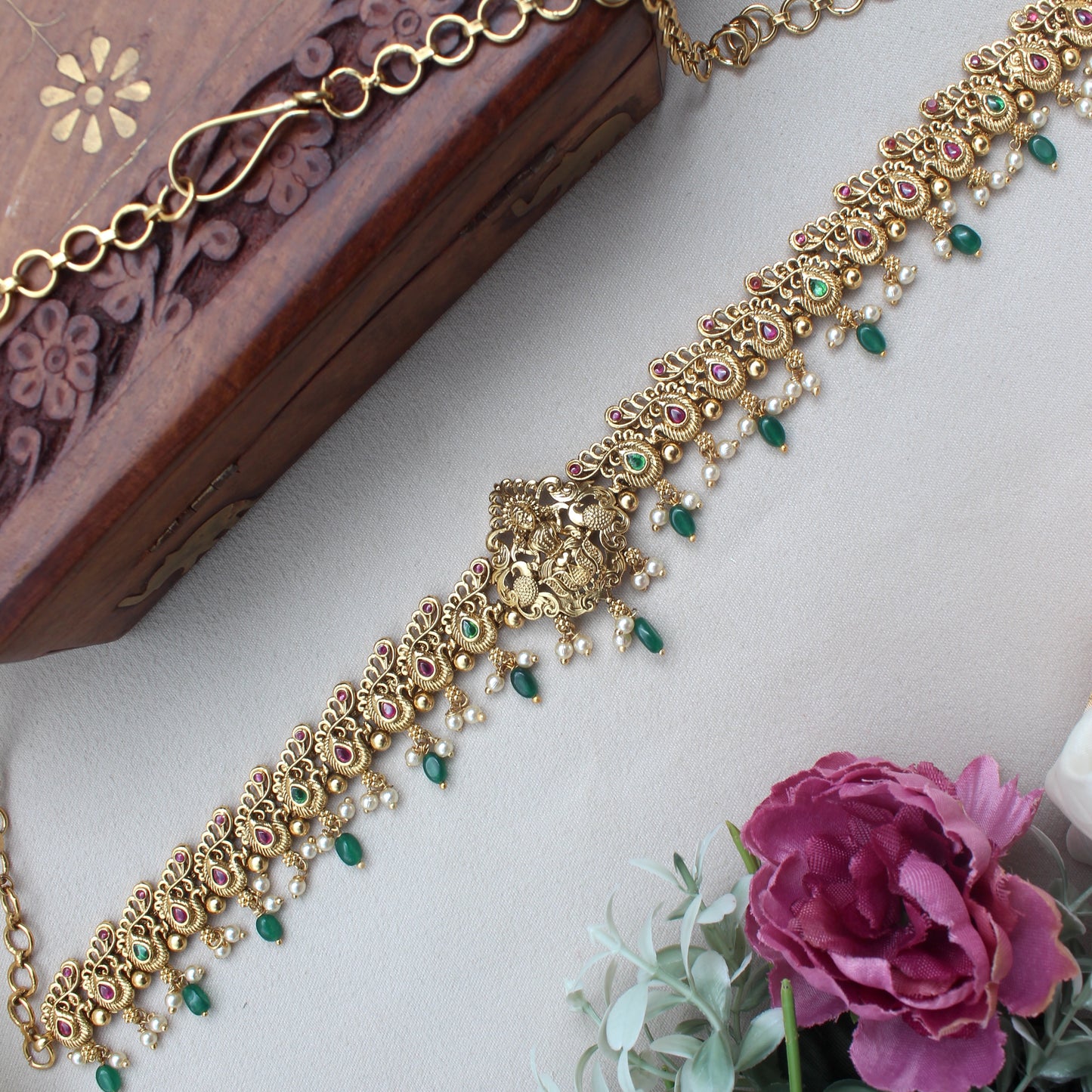 Antique Gold Premium Kemp Lakshmi Mayil Bridal Hip Chain/Oddiyanam