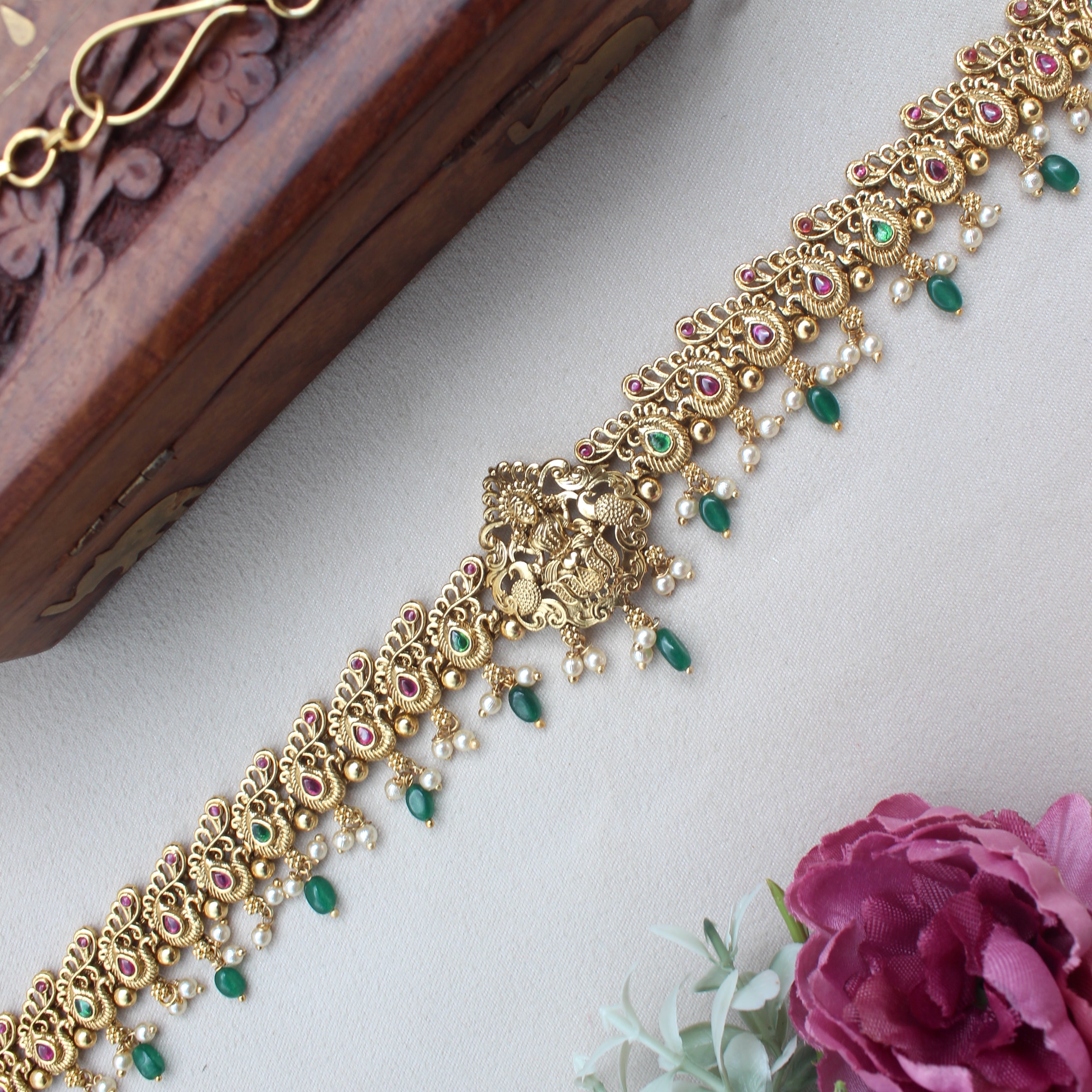 Antique Gold Premium Kemp Lakshmi Mayil Bridal Hip Chain/Oddiyanam