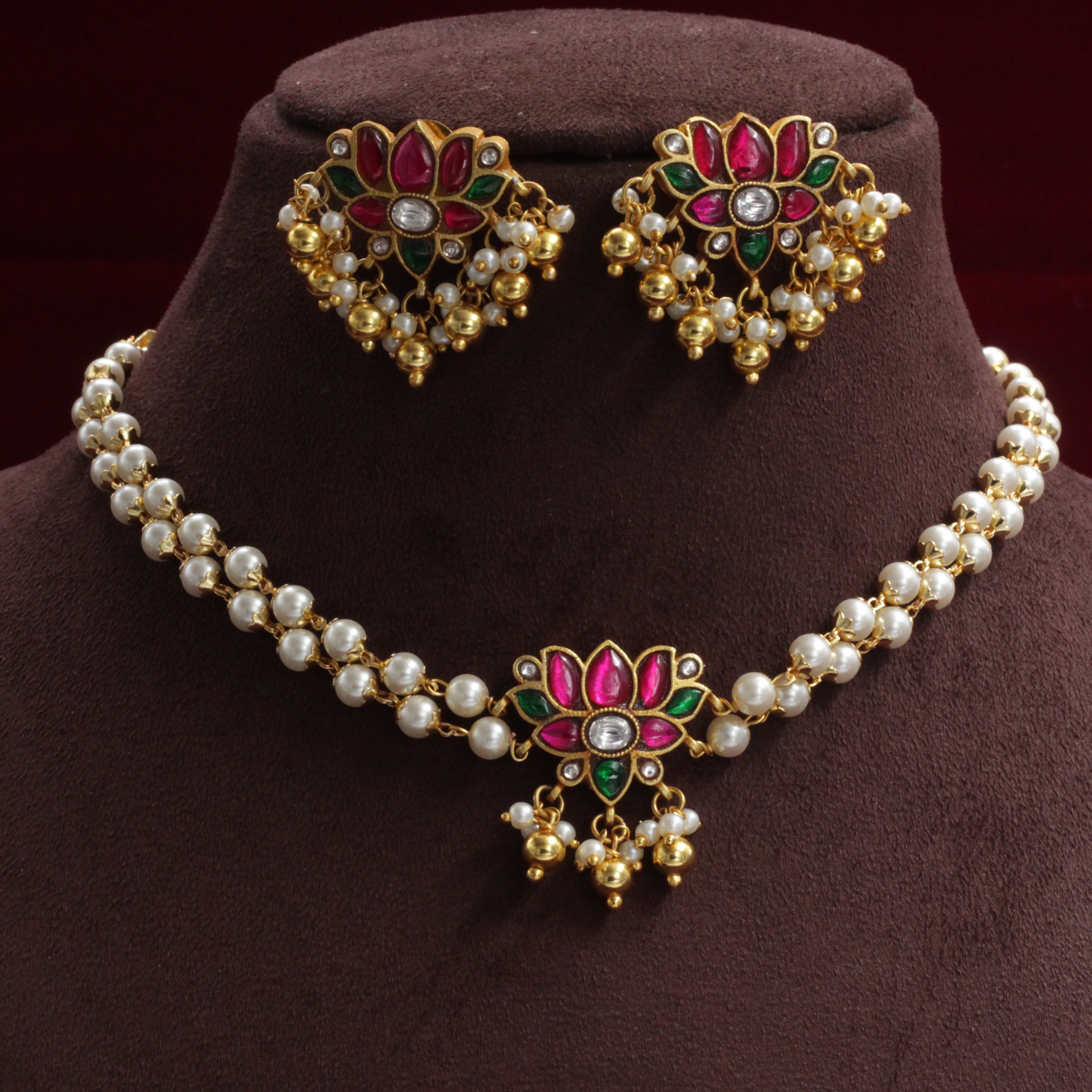 Handmade Jadau Kundan Lotus Two Line Pearl Choker Set