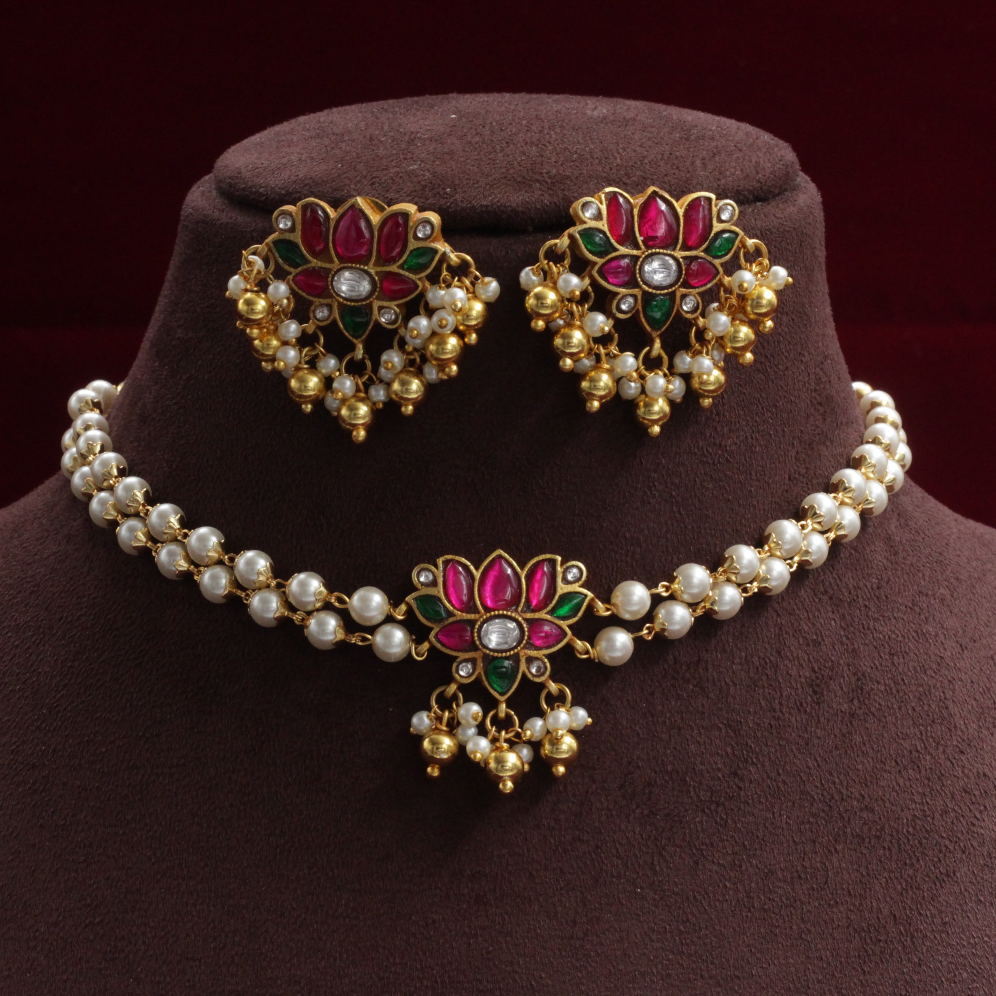 Handmade Jadau Kundan Lotus Two Line Pearl Choker Set