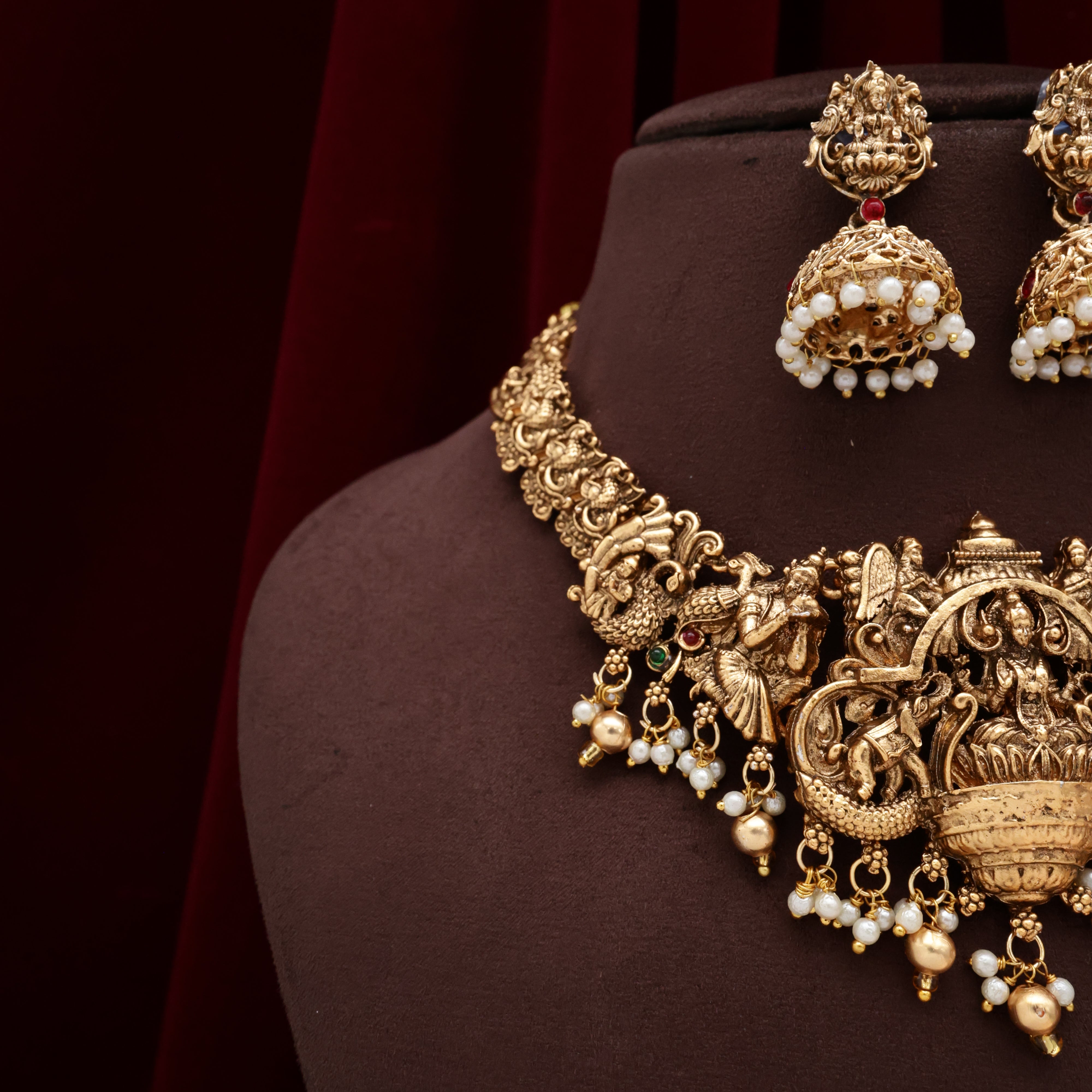 Budget Friendly Nagas Antique Lakshmi Bridal Necklace Set